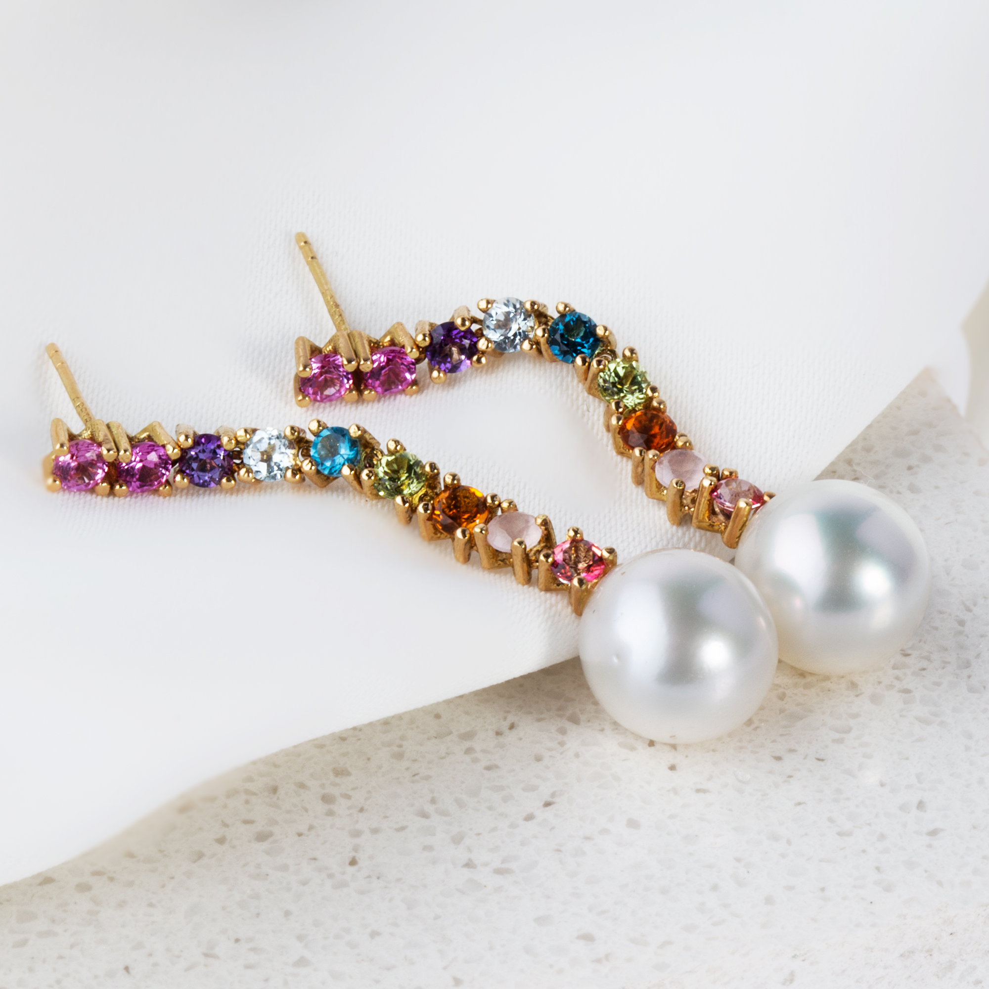 Colorful topaz with south sea pearls long earrings — Melina Fachidis (2)