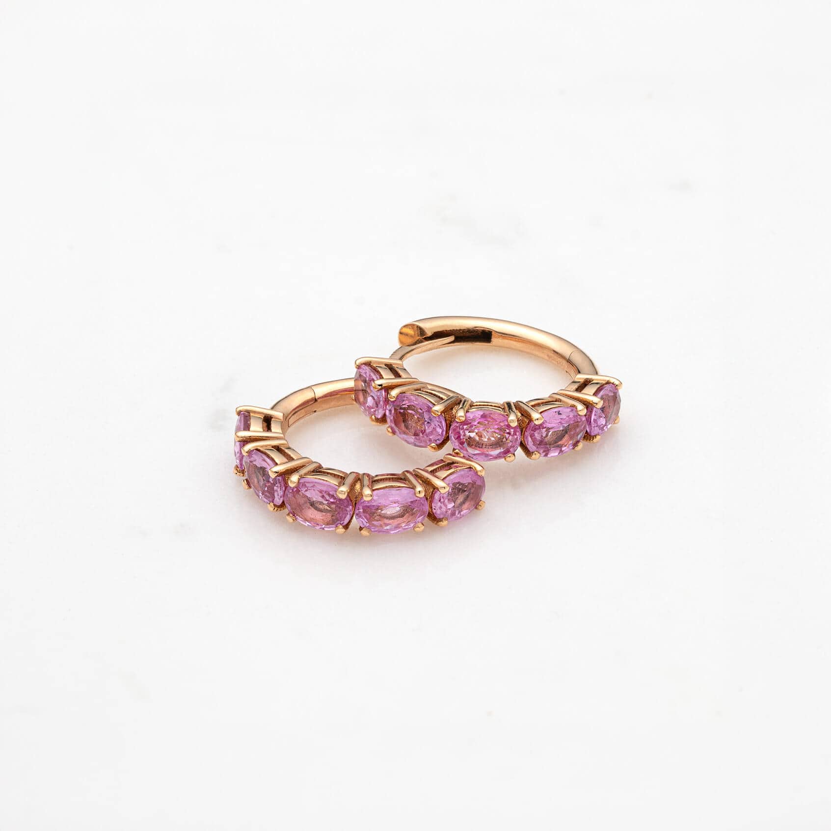 Baby pink sapphires rose gold hoops — Melina Fachidis (3)