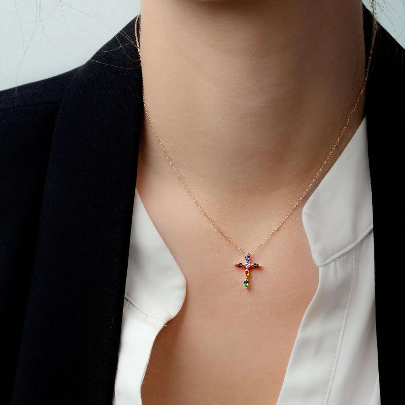 Multi color 18k rose gold cross necklace — Melina Fachidis (3)