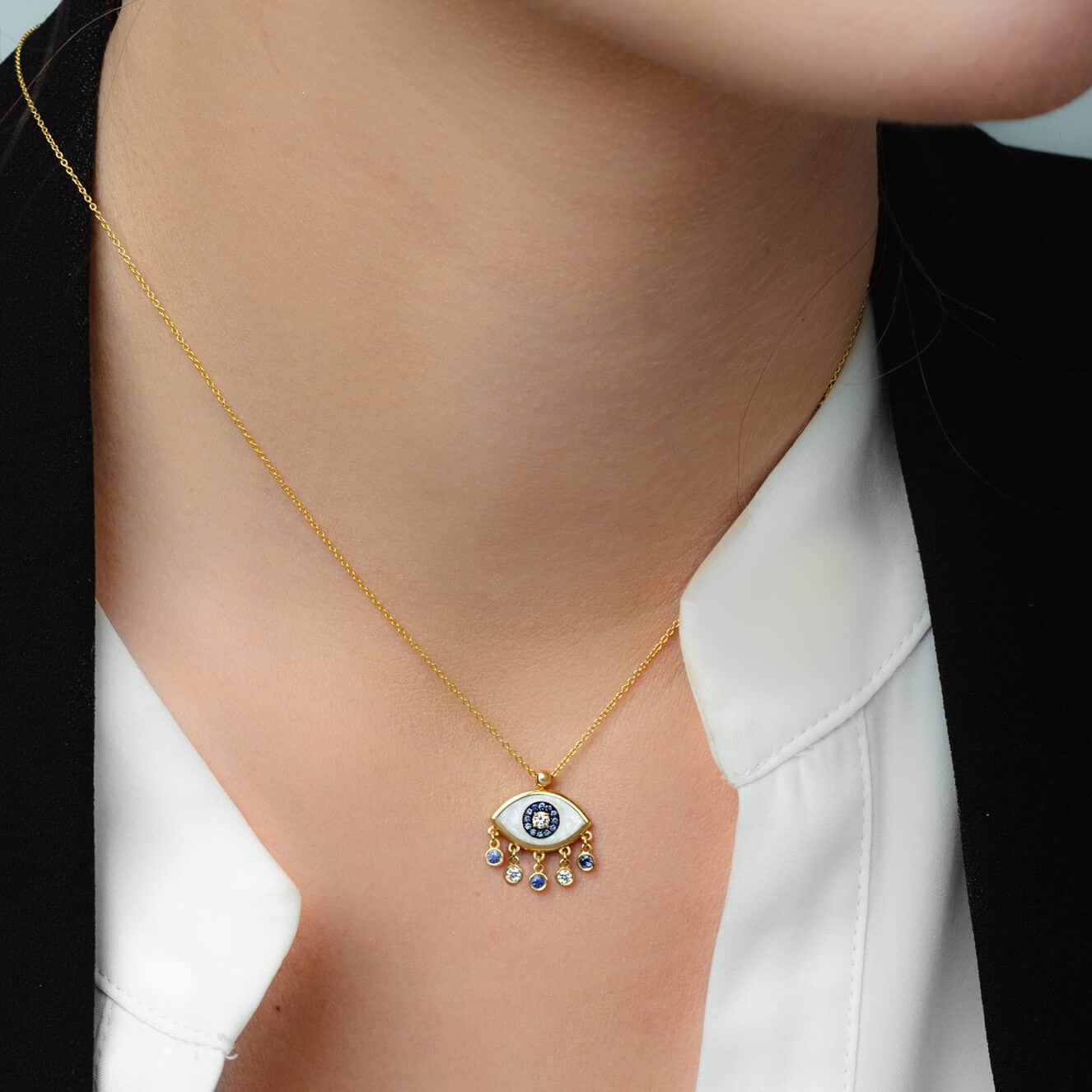 Dangling evil eye pendant with diamonds blue sapphires — Melina Fachidis (3)