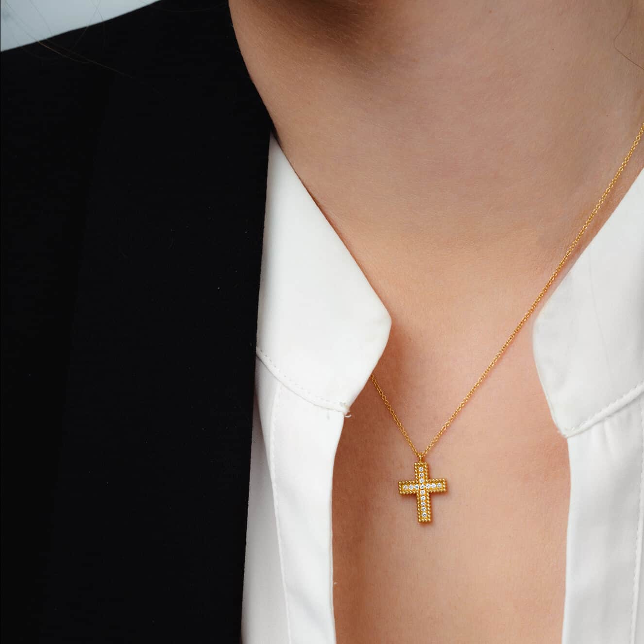 Grained diamond cross pendant — Melina Fachidis (3)