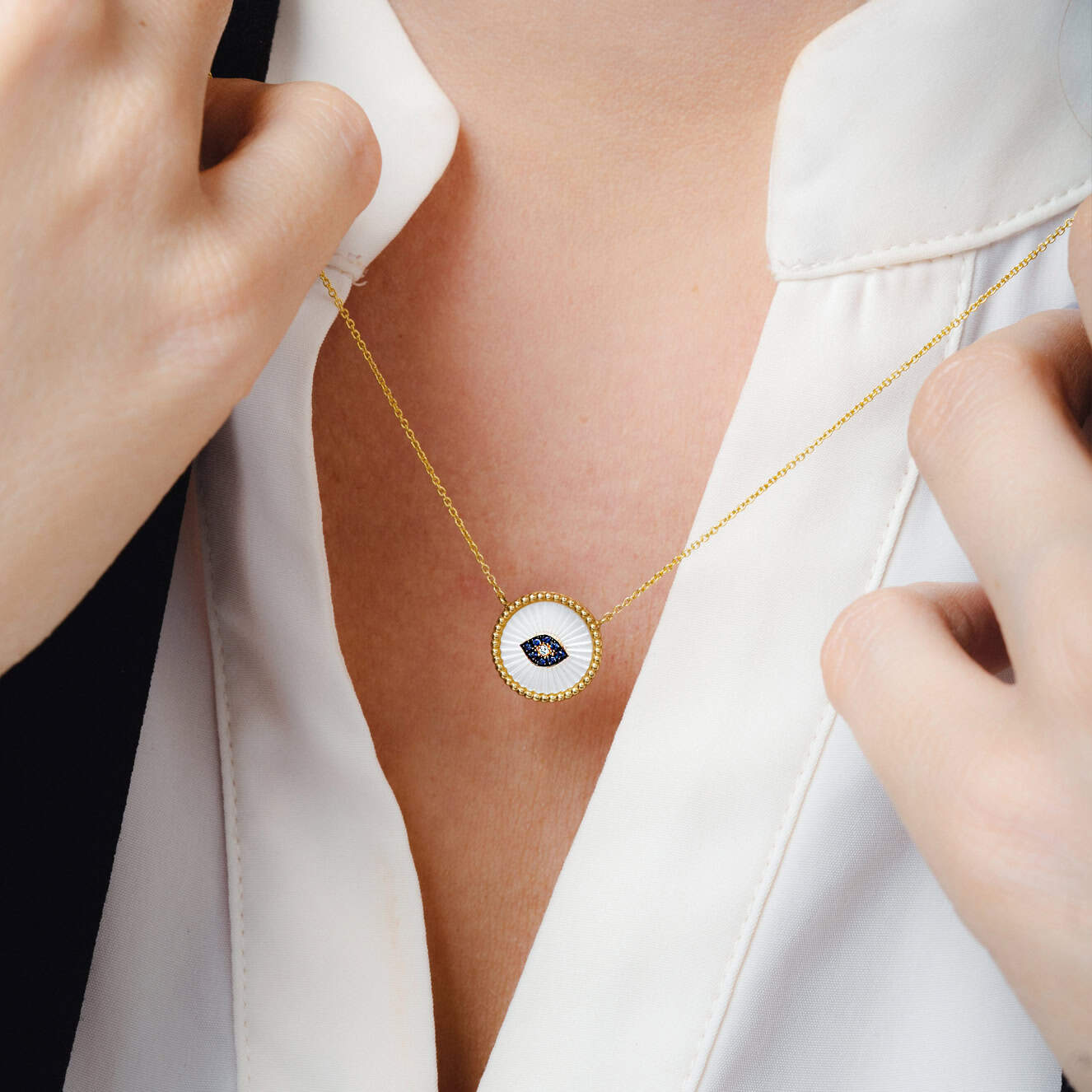 Mother of pearl round eye necklace — Melina Fachidis (3)