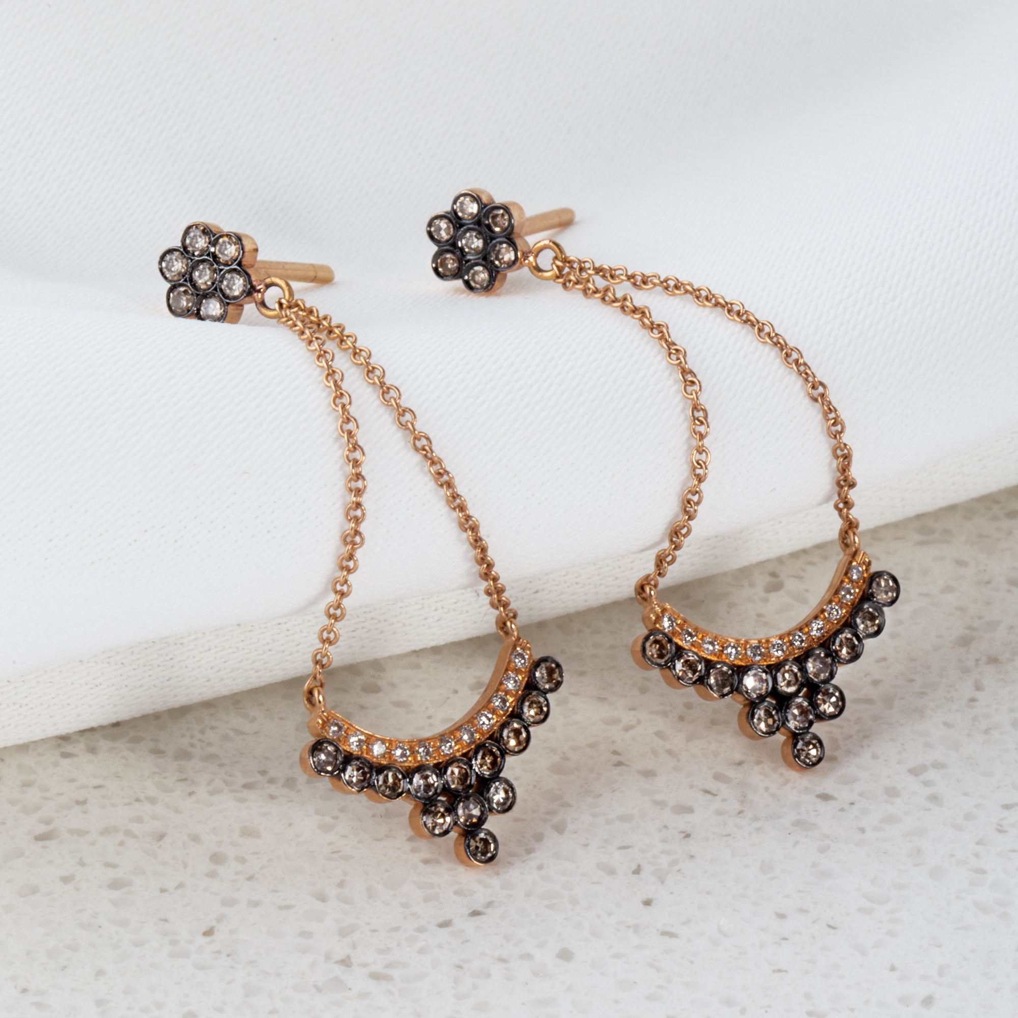 Brown & white diamonds dangle and drop long earrings. — Melina Fachidis (2)