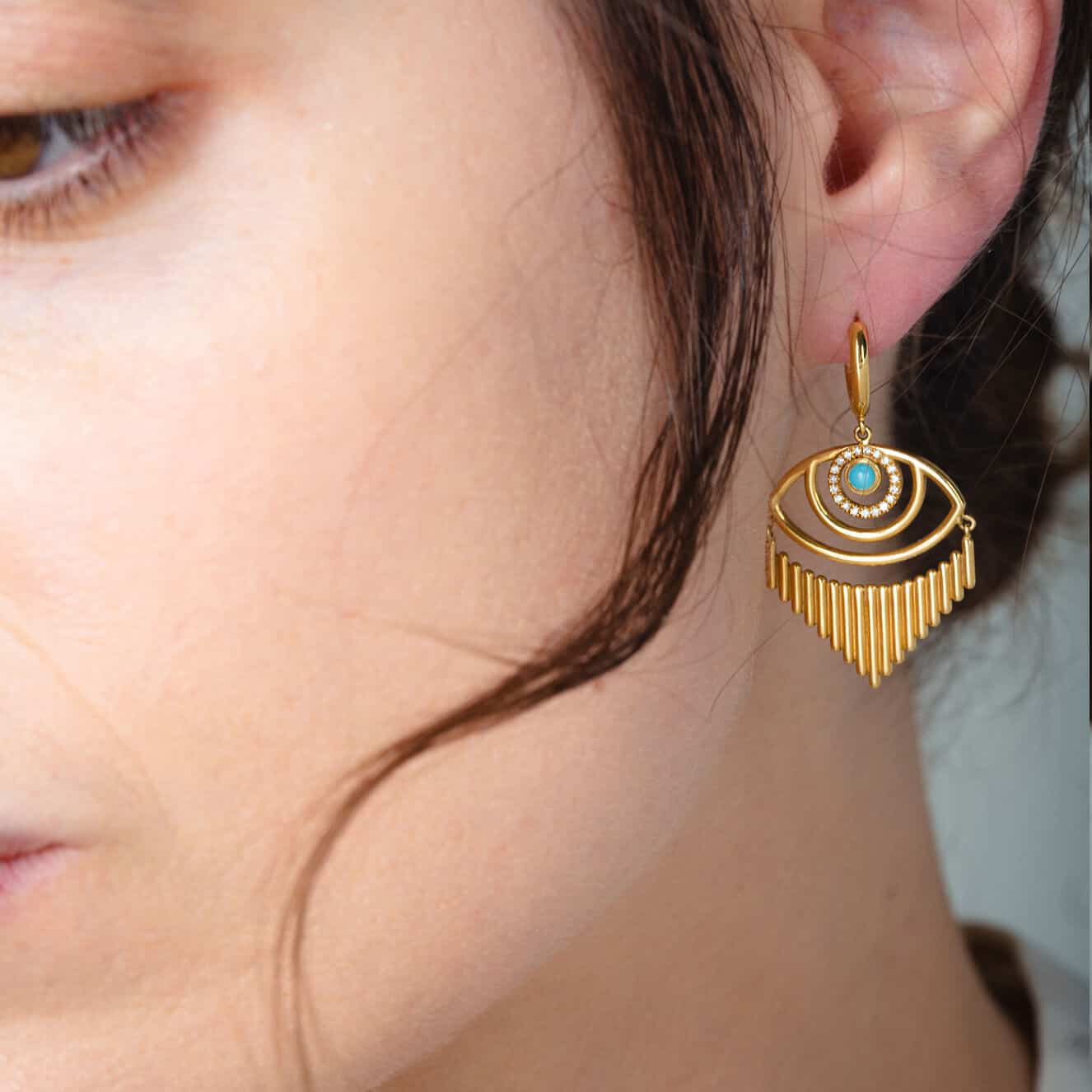Turquoise eye diamond triangular earrings — Melina Fachidis (3)