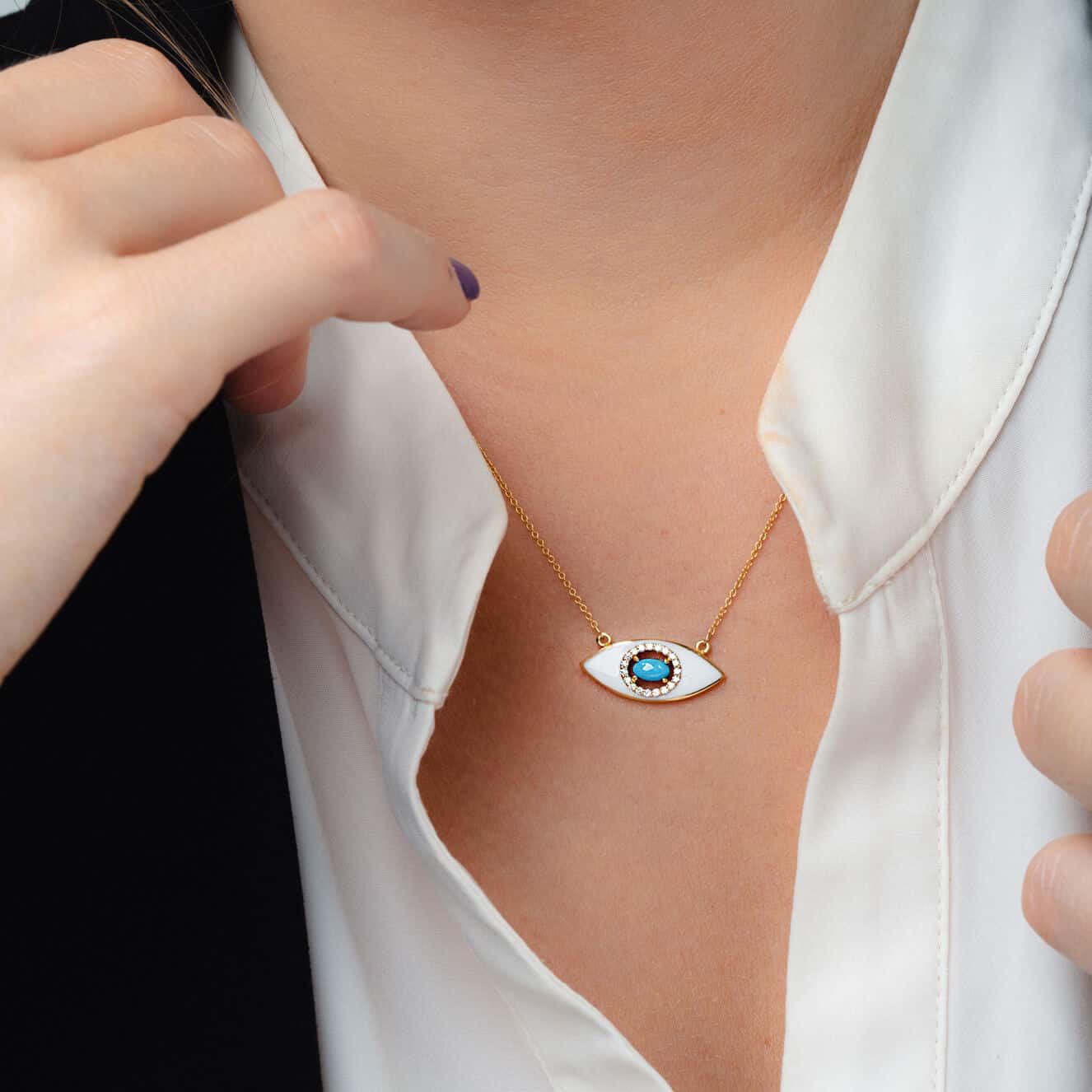 White enamel eye shape turquoise pendant — Melina Fachidis (3)