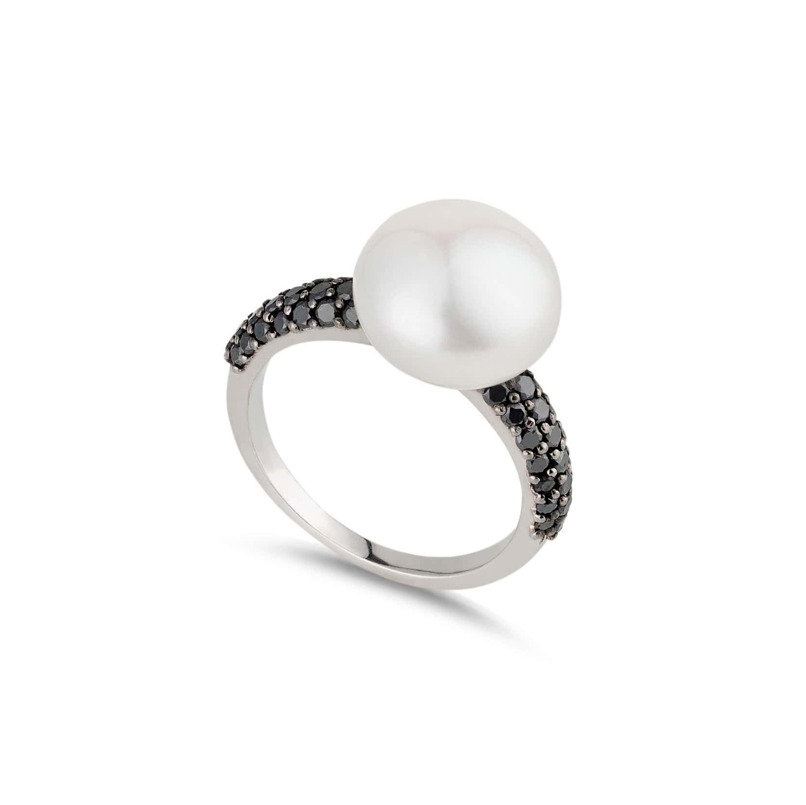 Pearl solitaire ring with black diamonds — Melina Fachidis