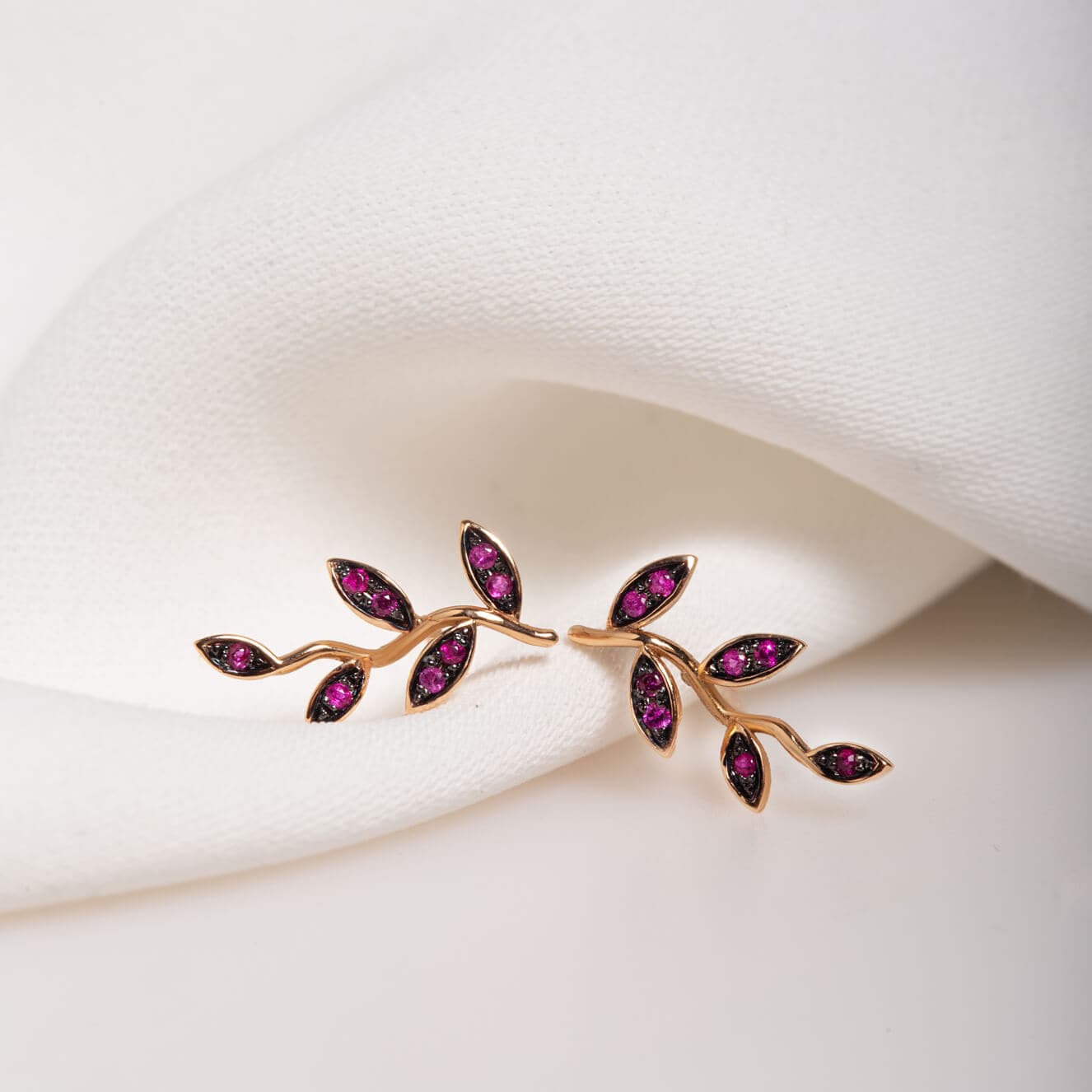 Ruby red leaves branch earrings — Melina Fachidis (2)