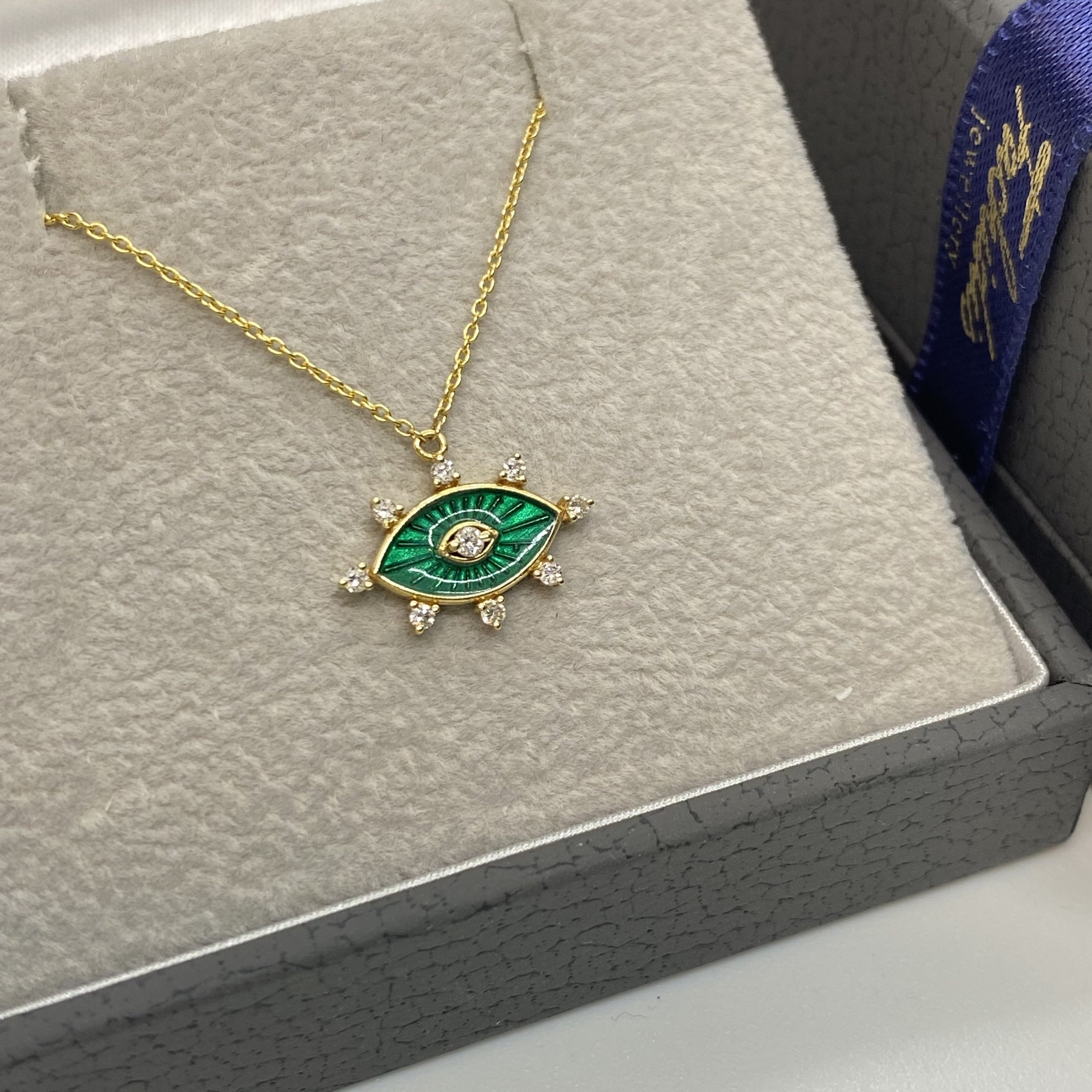 Green enameled marquise eye pendant — Melina Fachidis (4)