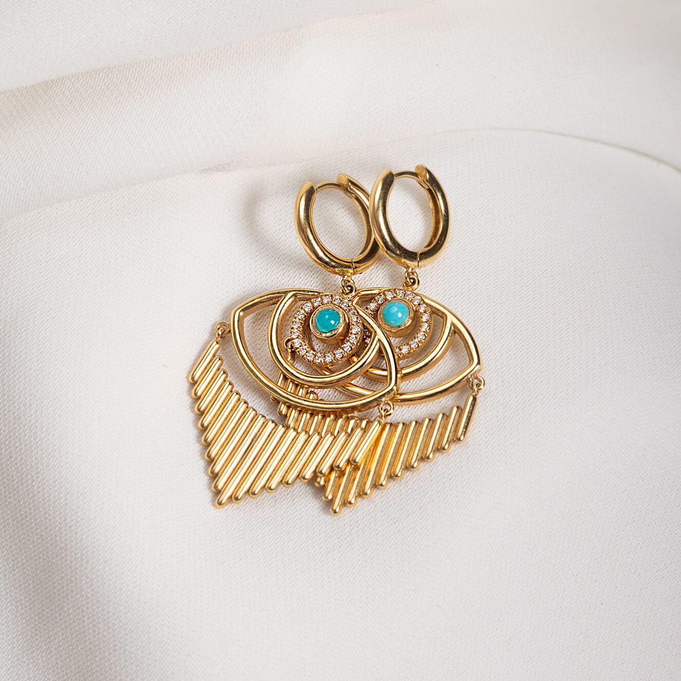 Turquoise eye diamond triangular earrings — Melina Fachidis (2)