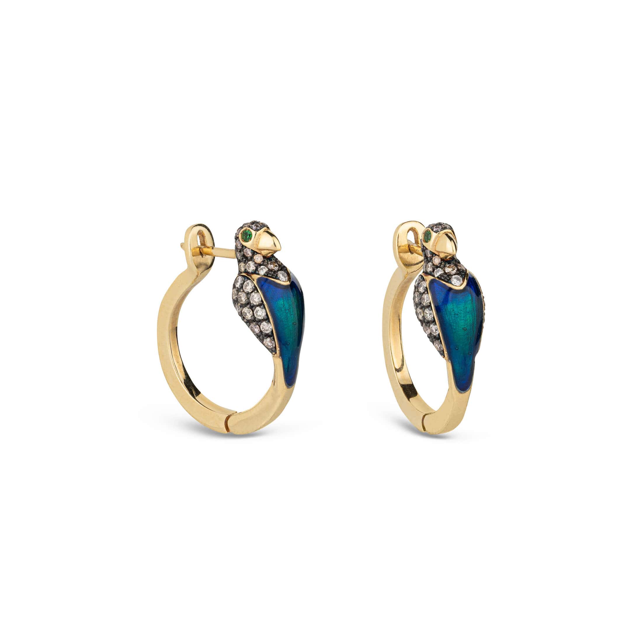 Parrot earrings with brown diamonds, tsavorites, green and blue enamel — Melina Fachidis