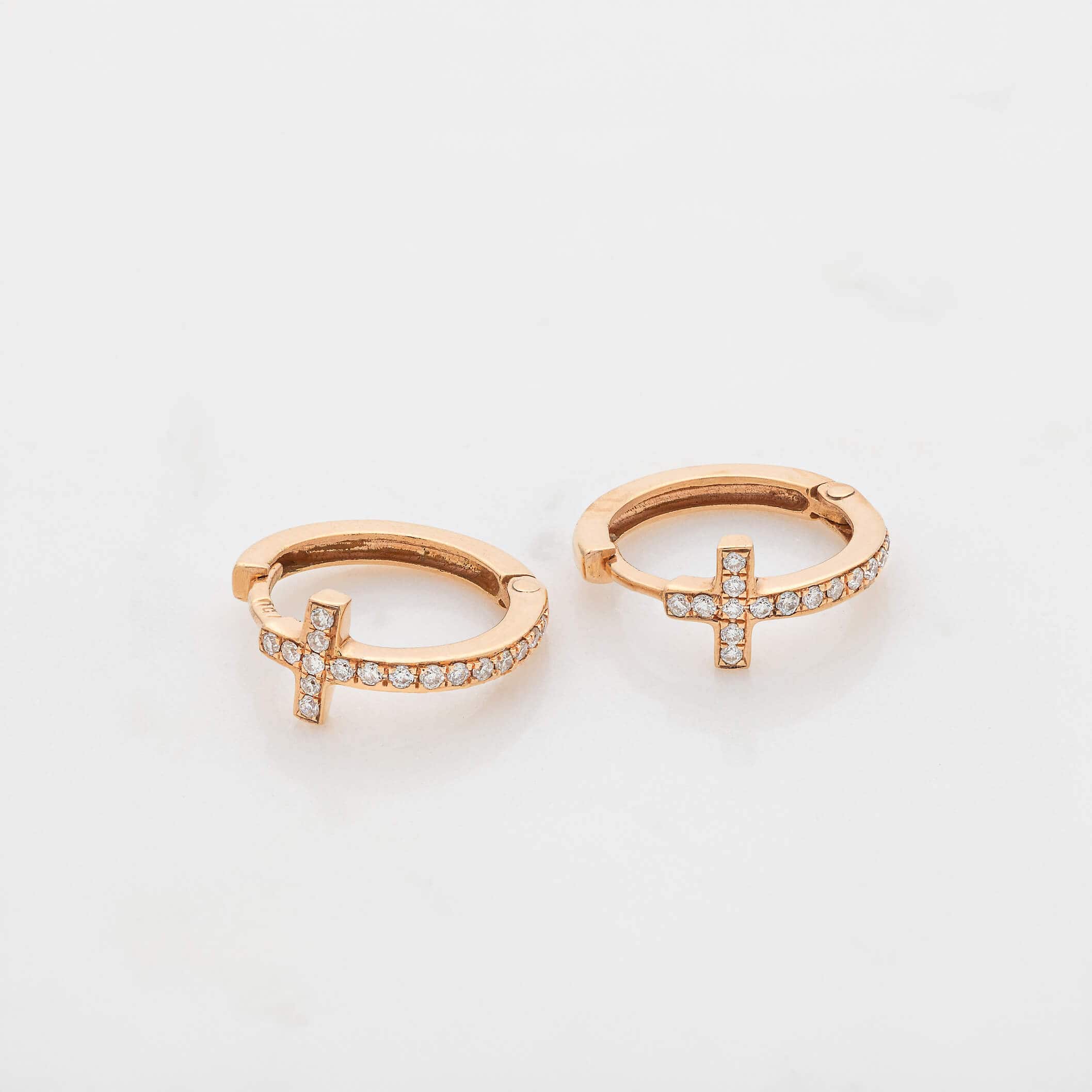 18k rose gold diamond hoop earrings with cross — Melina Fachidis (3)