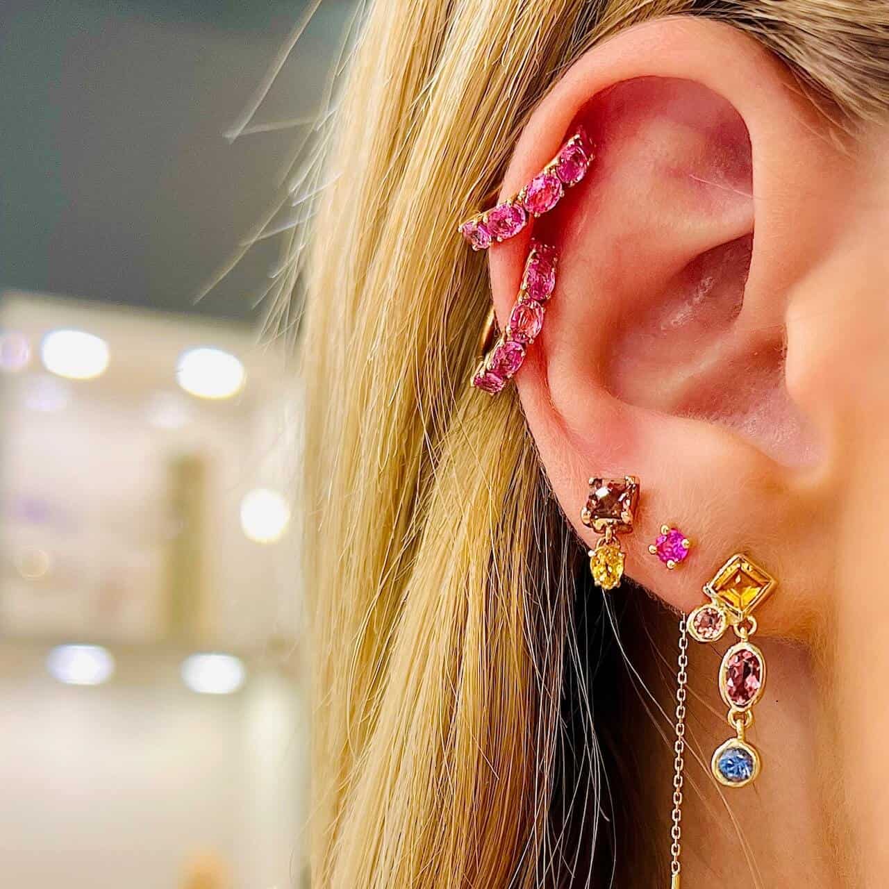 Baby pink sapphires rose gold hoops — Melina Fachidis (2)
