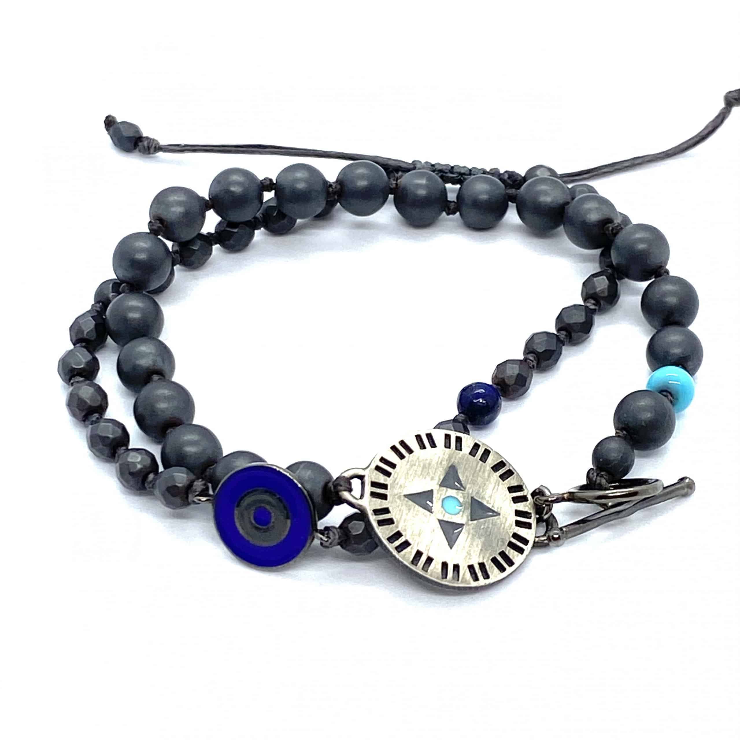 Hematite men’s bracelet with enameled Eye on top a lapis lazuli bead — Melina Fachidis (3)