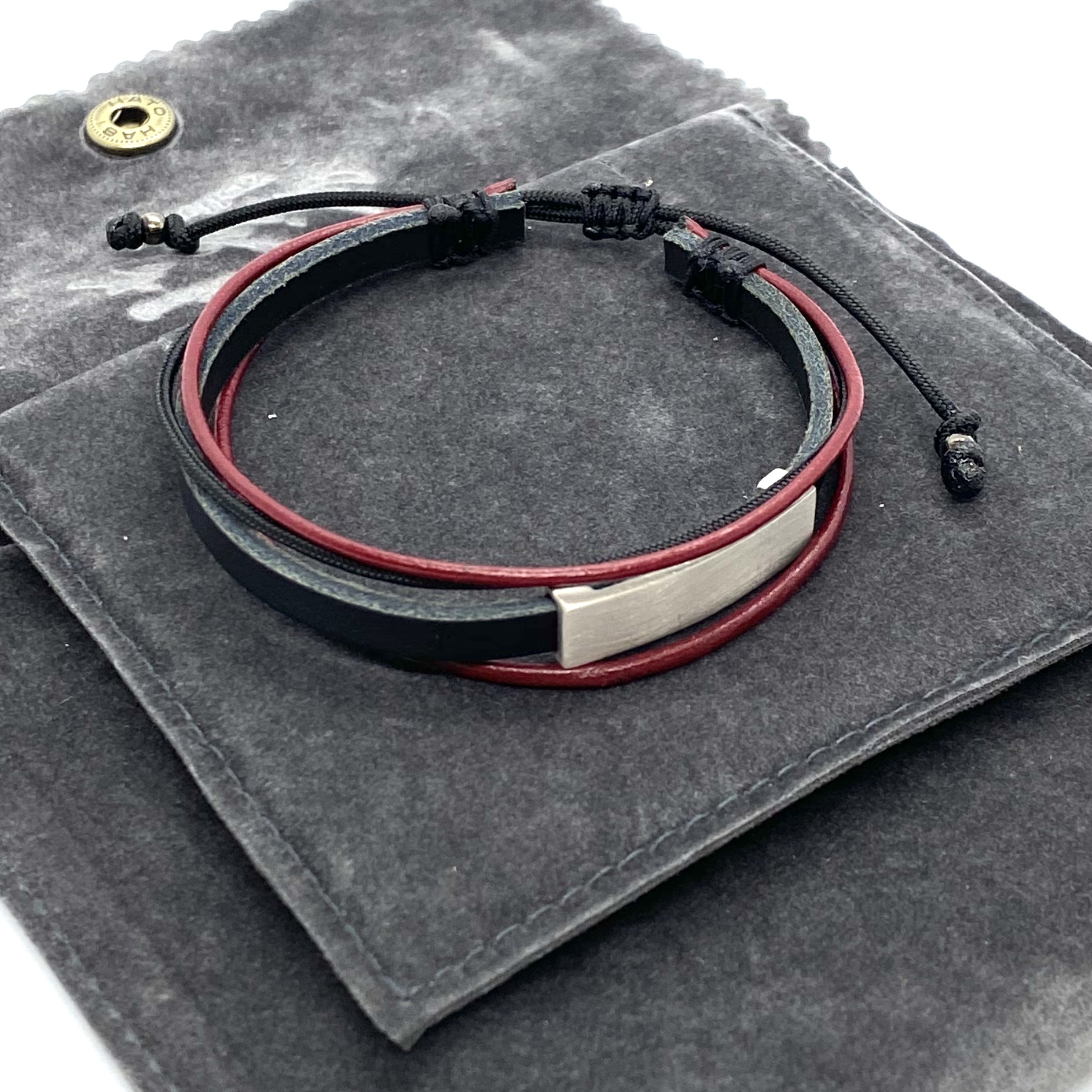 Men’s silver wide bar on a brown/ burgunty leather cuff bracelet — Melina Fachidis (3)