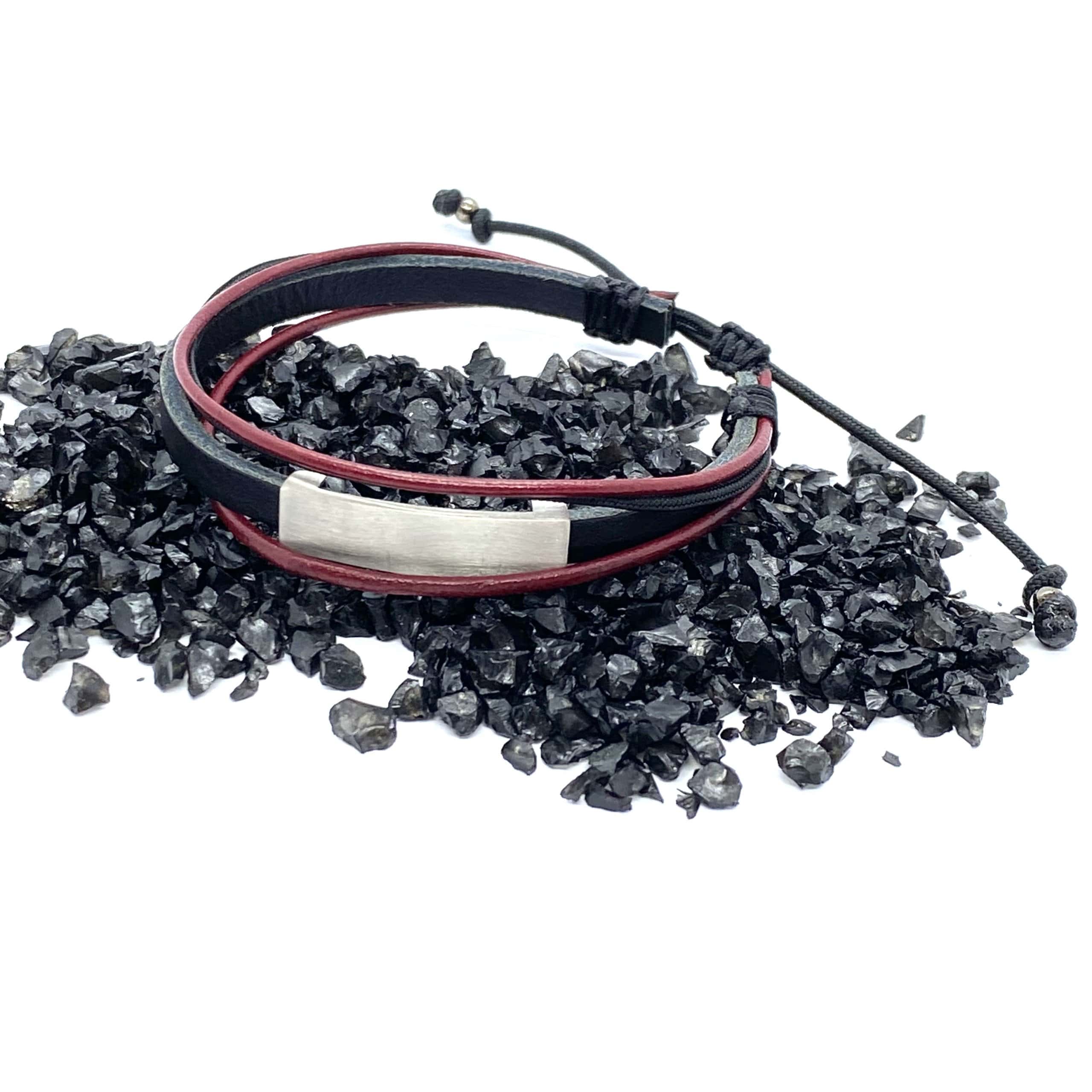 Men’s silver wide bar on a brown/ burgunty leather cuff bracelet — Melina Fachidis (4)