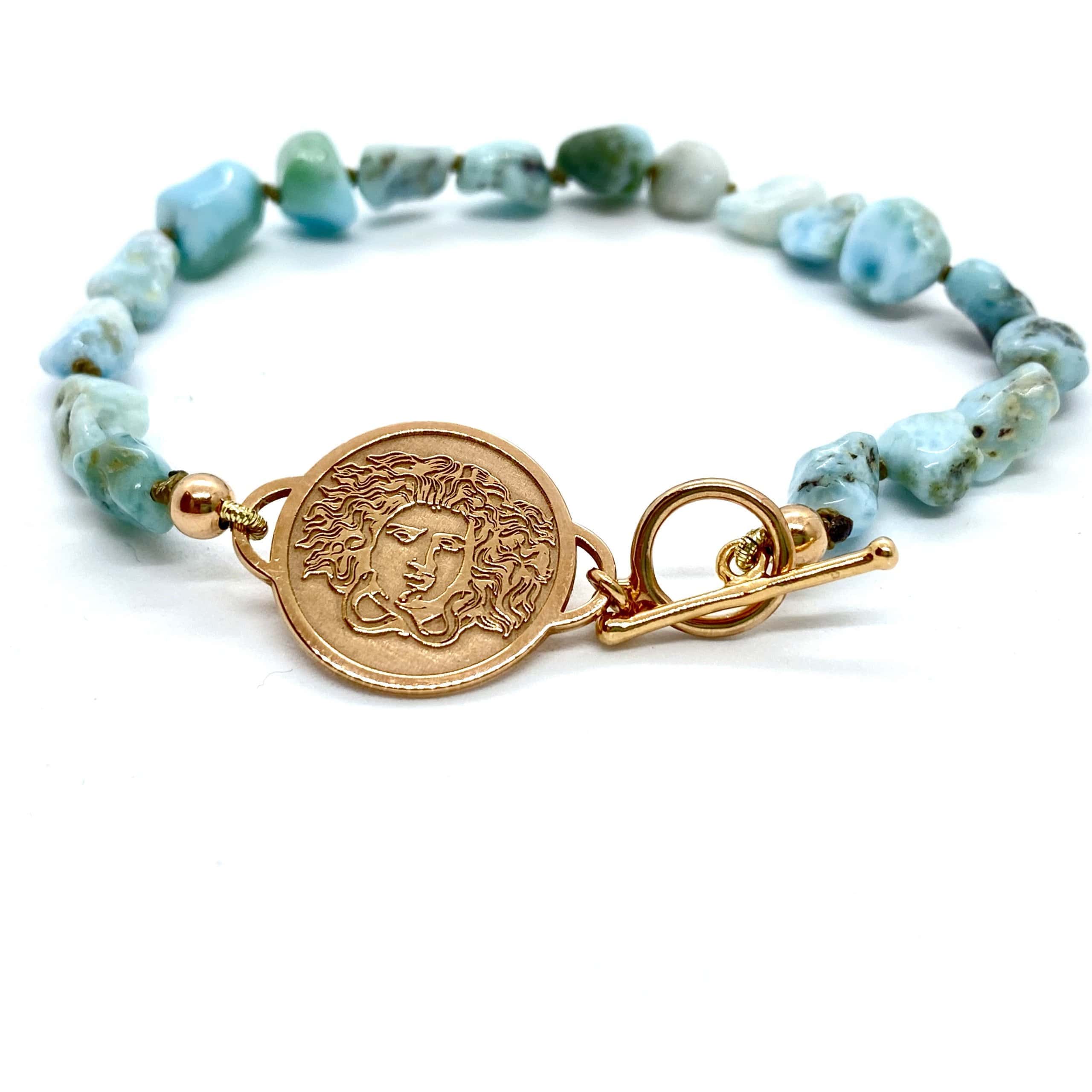 Medusa silver coin bracelet with mineral Larimar stones — Melina Fachidis