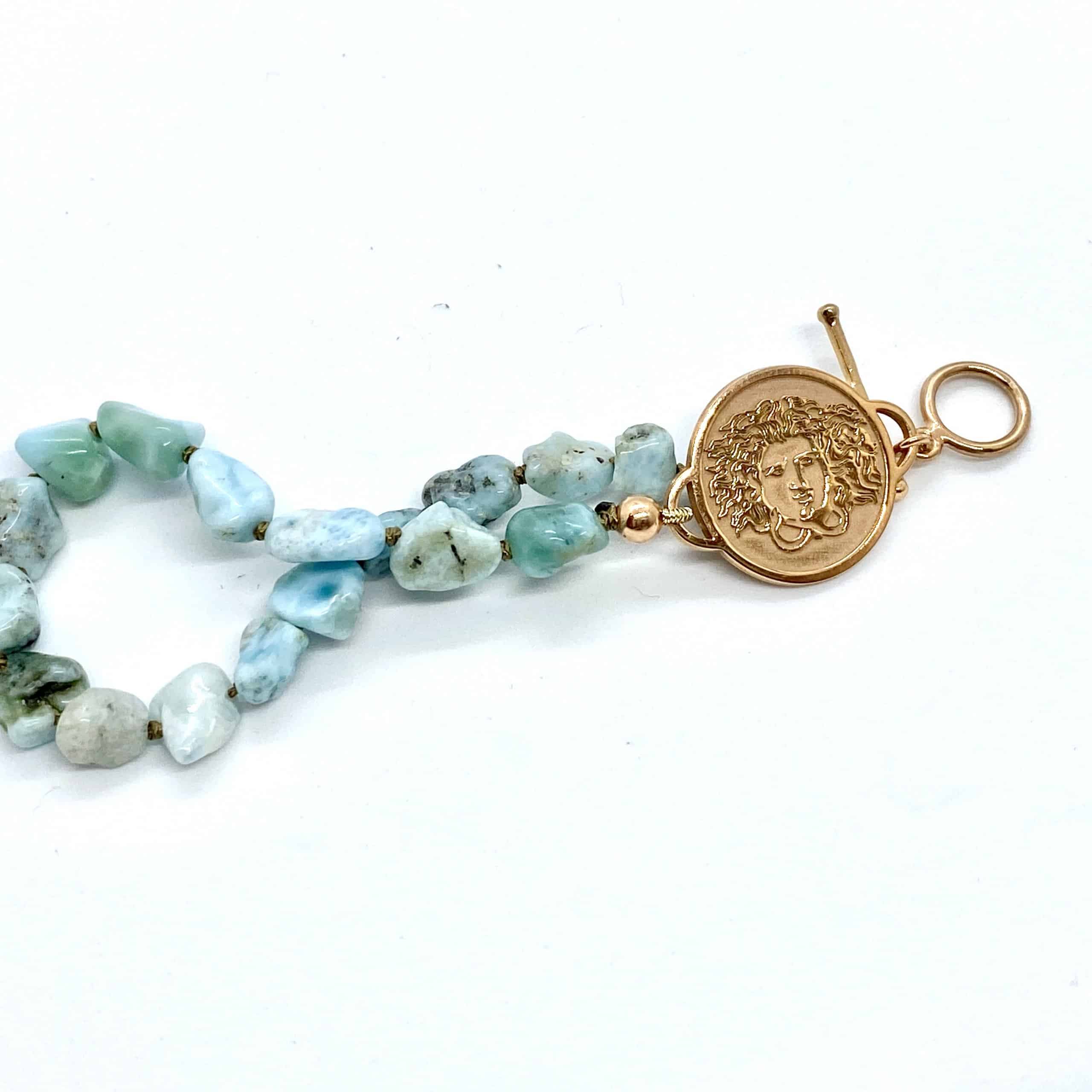 Medusa silver coin bracelet with mineral Larimar stones — Melina Fachidis (3)