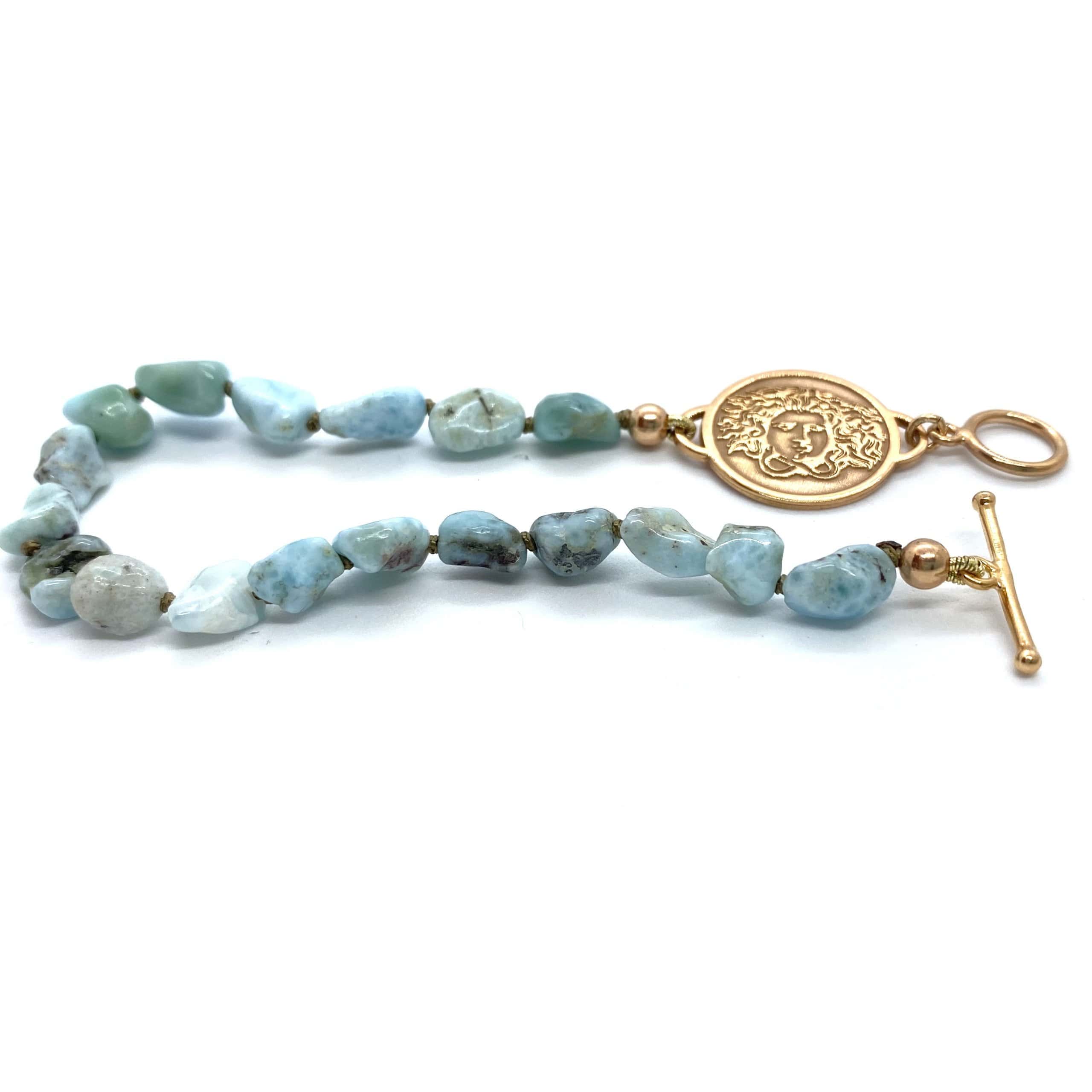 Medusa silver coin bracelet with mineral Larimar stones — Melina Fachidis (4)