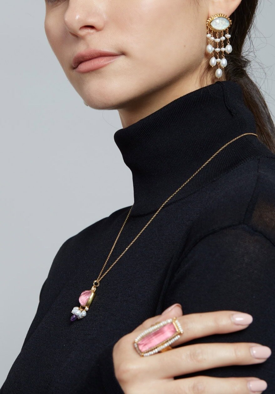 Pink tulite quartz baguette ring — Melina Fachidis (4)