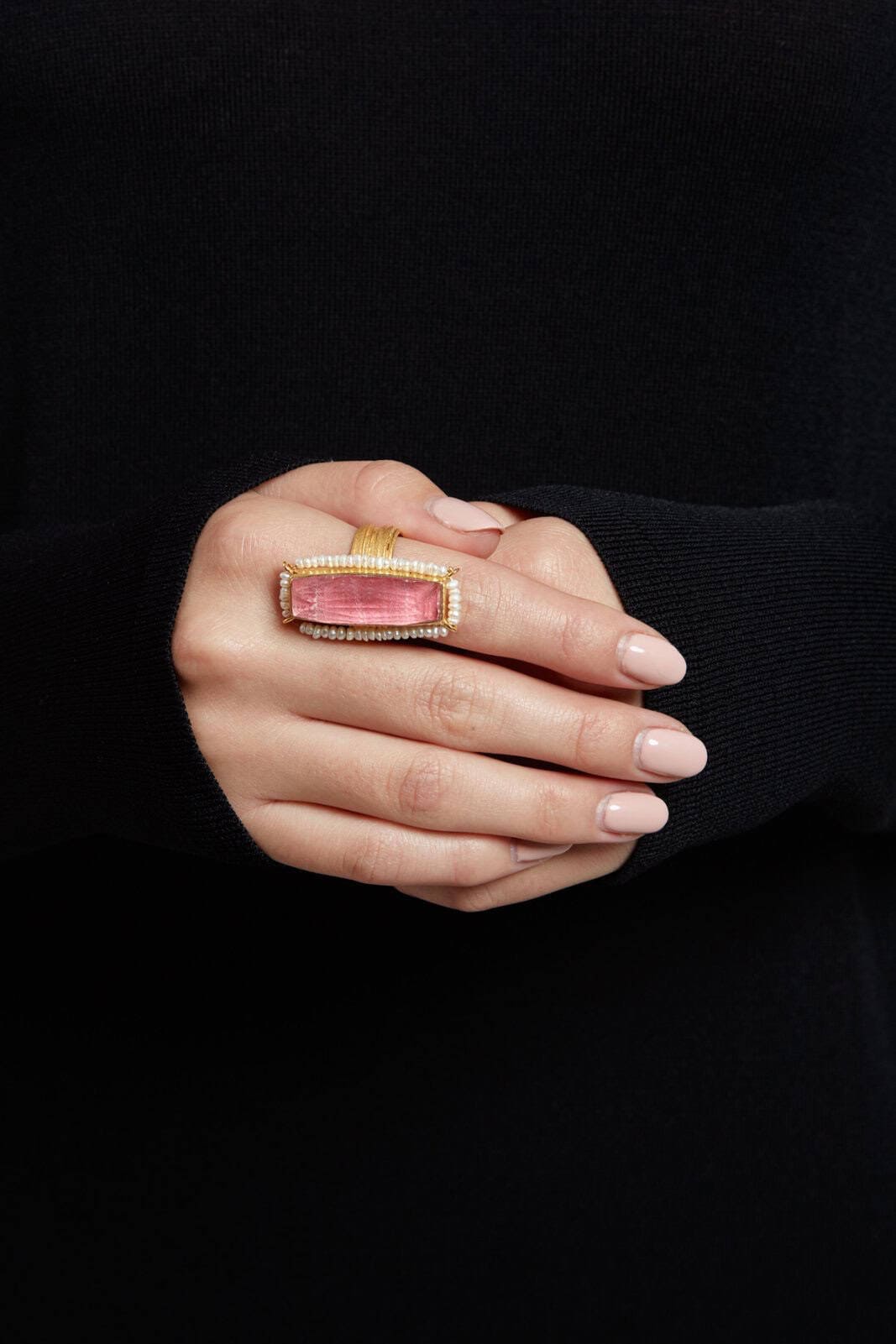 Pink tulite quartz baguette ring — Melina Fachidis (5)