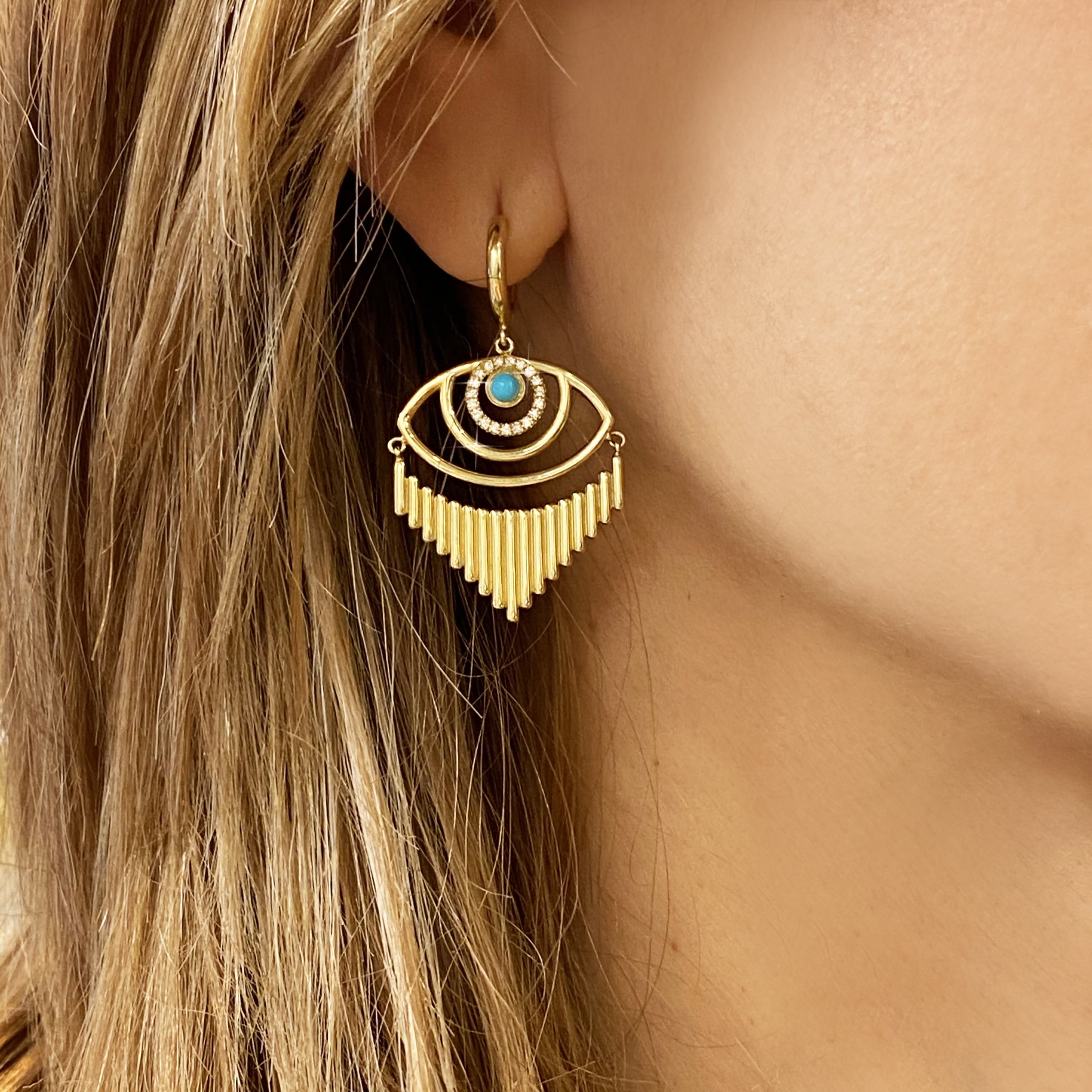 Turquoise eye diamond triangular earrings — Melina Fachidis (5)