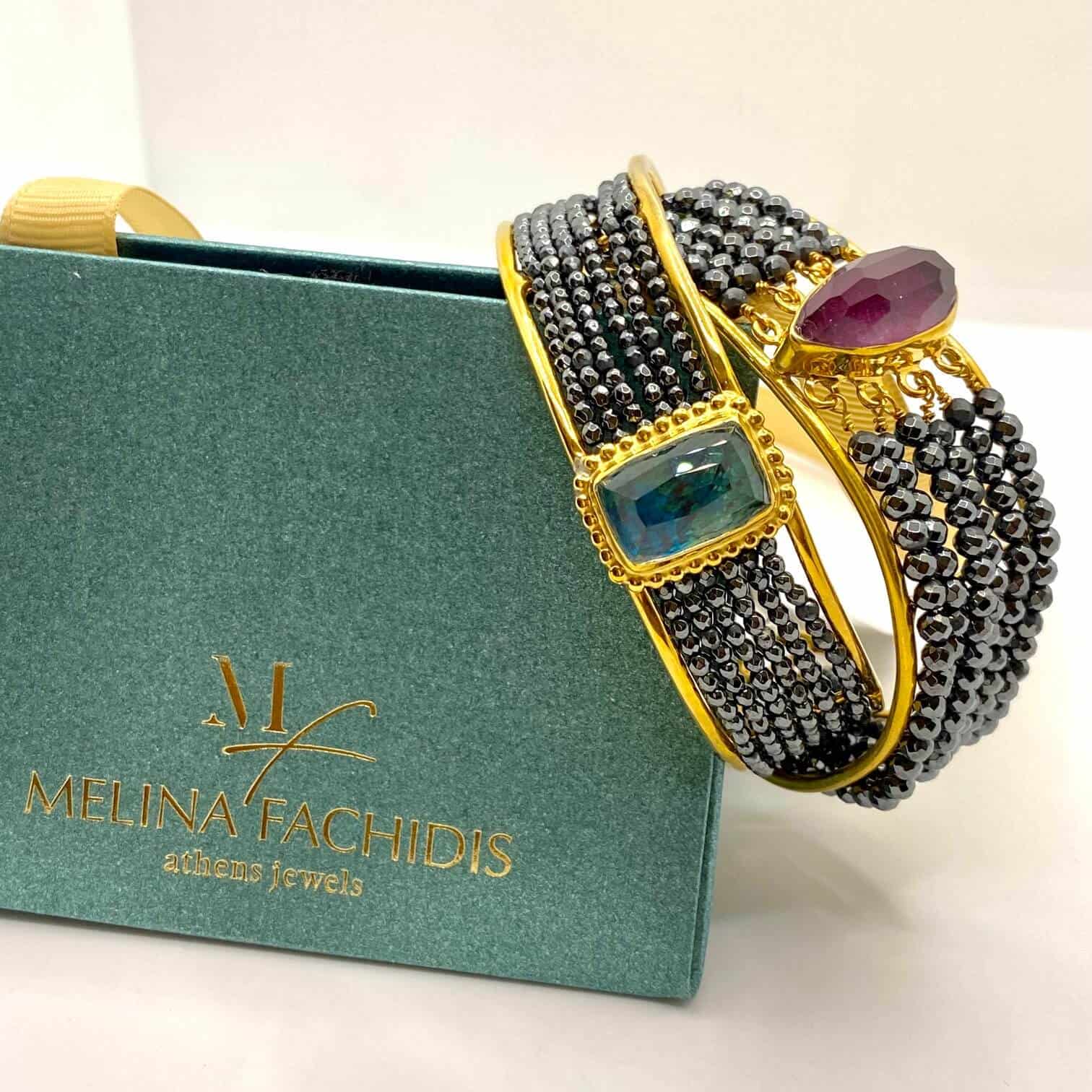 Multi strand cuff bracelet with a ruby quartz & hematites — Melina Fachidis (2)
