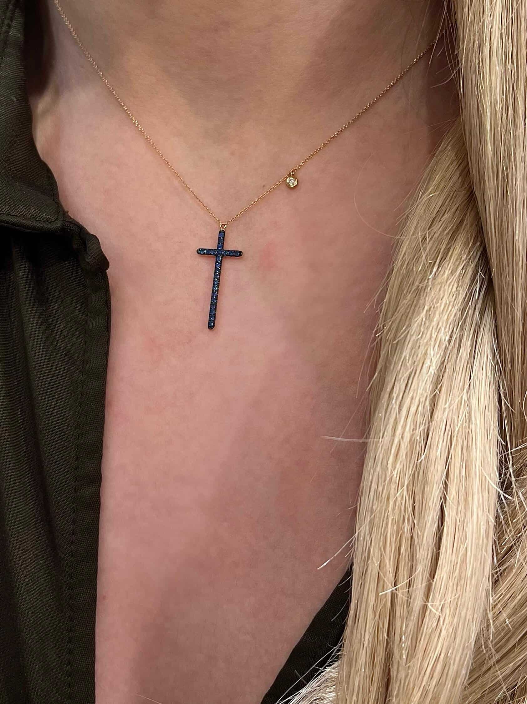 Blue sapphire long cross pendant with one diamond — Melina Fachidis (4)