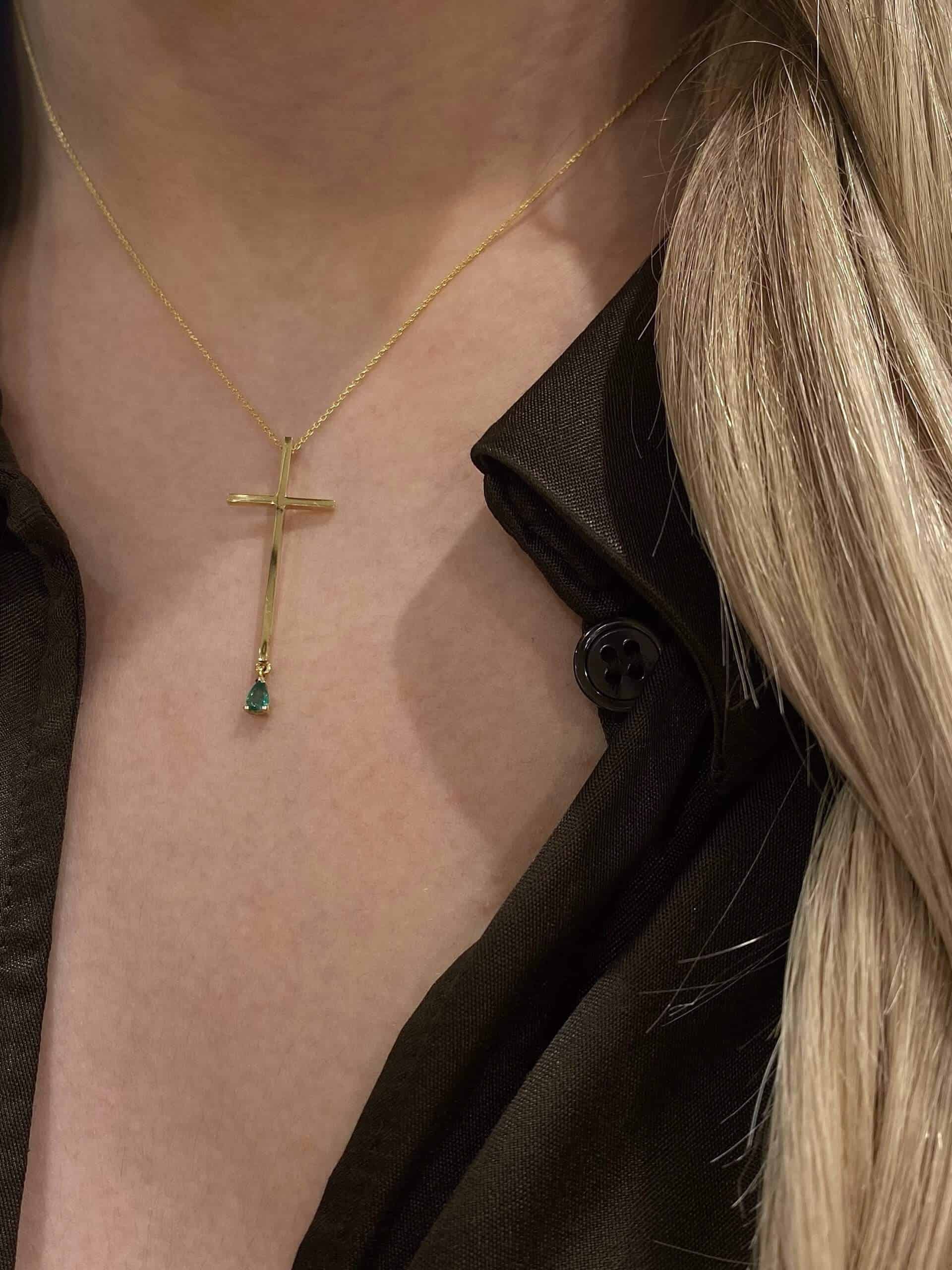 Emerald fine golden long cross — Melina Fachidis (5)