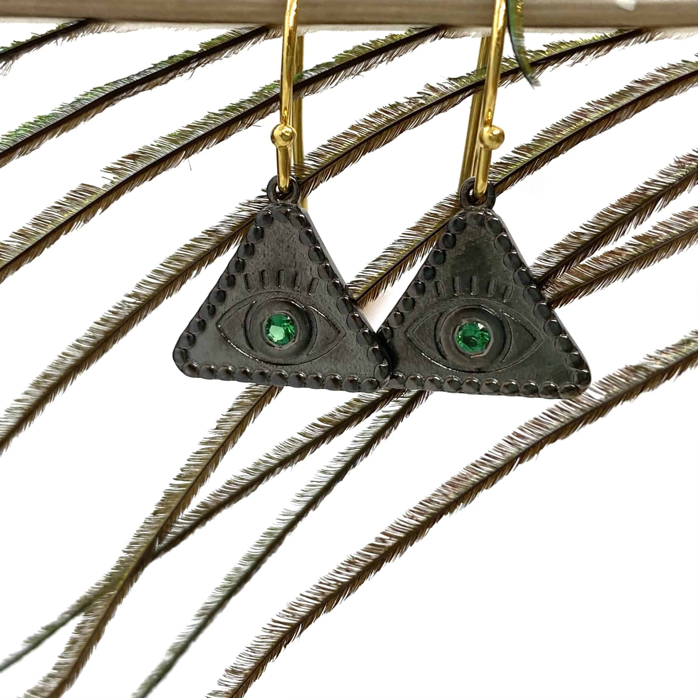 Triangular green eye earrings — Melina Fachidis (2)