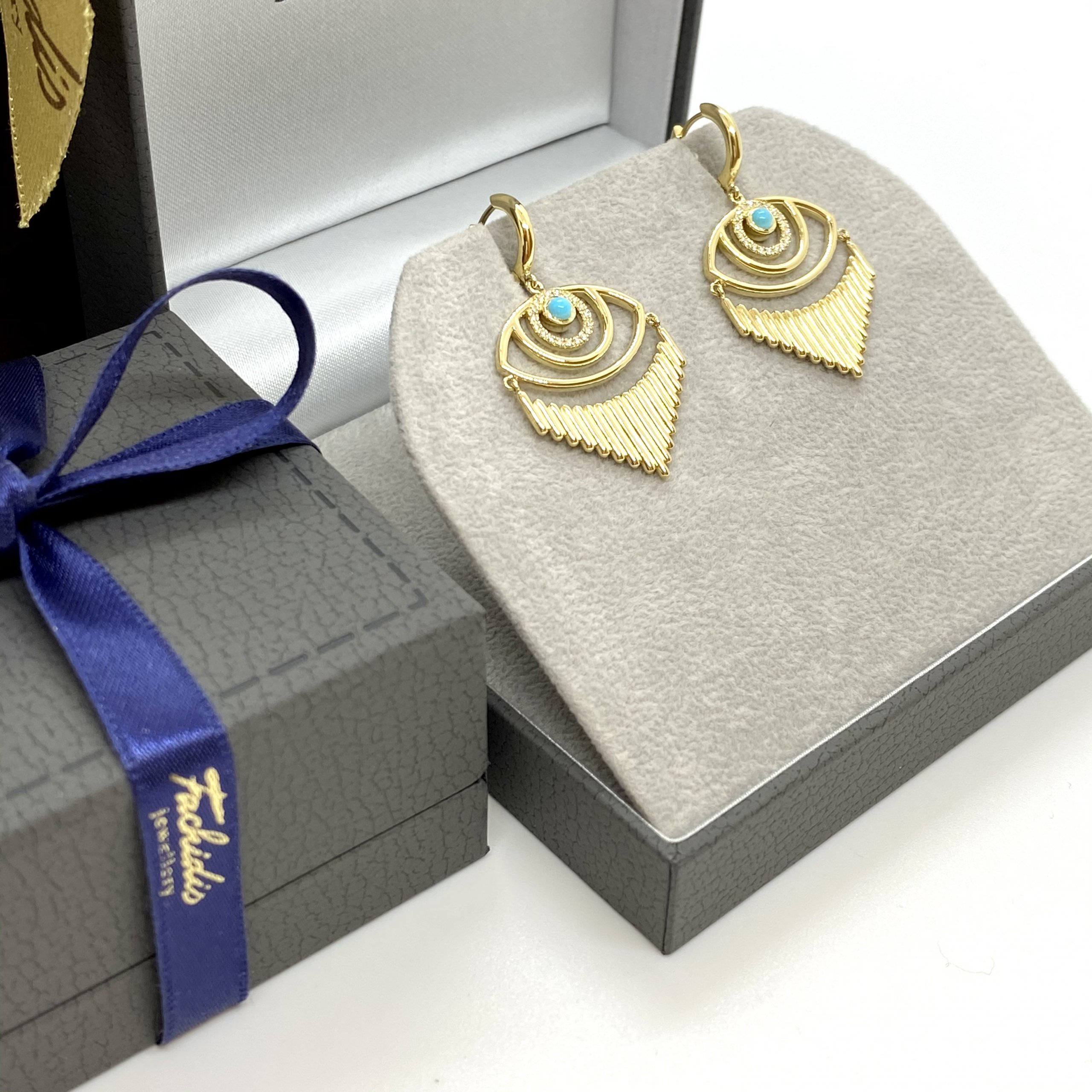 Turquoise eye diamond triangular earrings — Melina Fachidis (4)