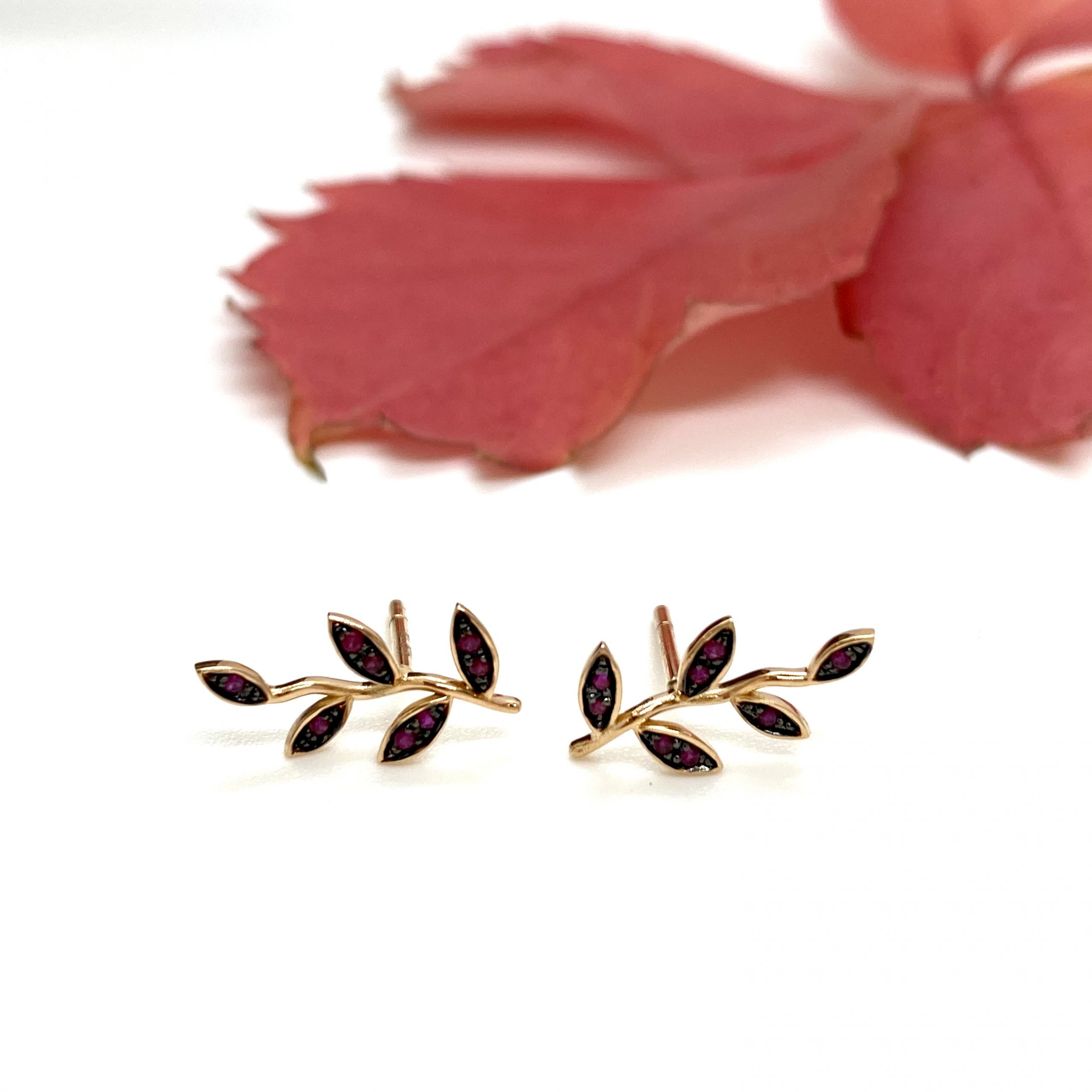 Ruby red leaves branch earrings — Melina Fachidis (5)