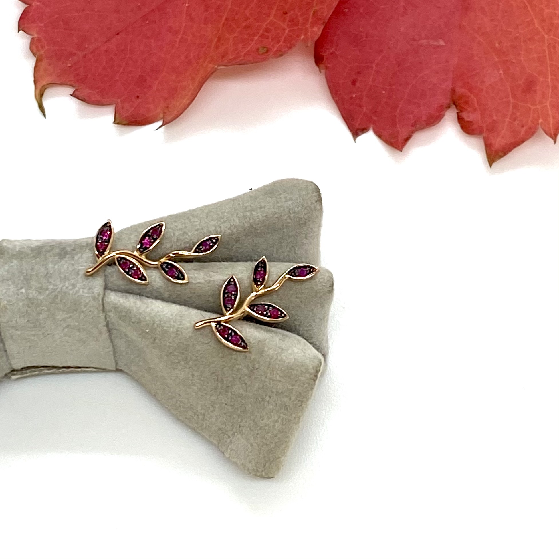 Ruby red leaves branch earrings — Melina Fachidis (6)