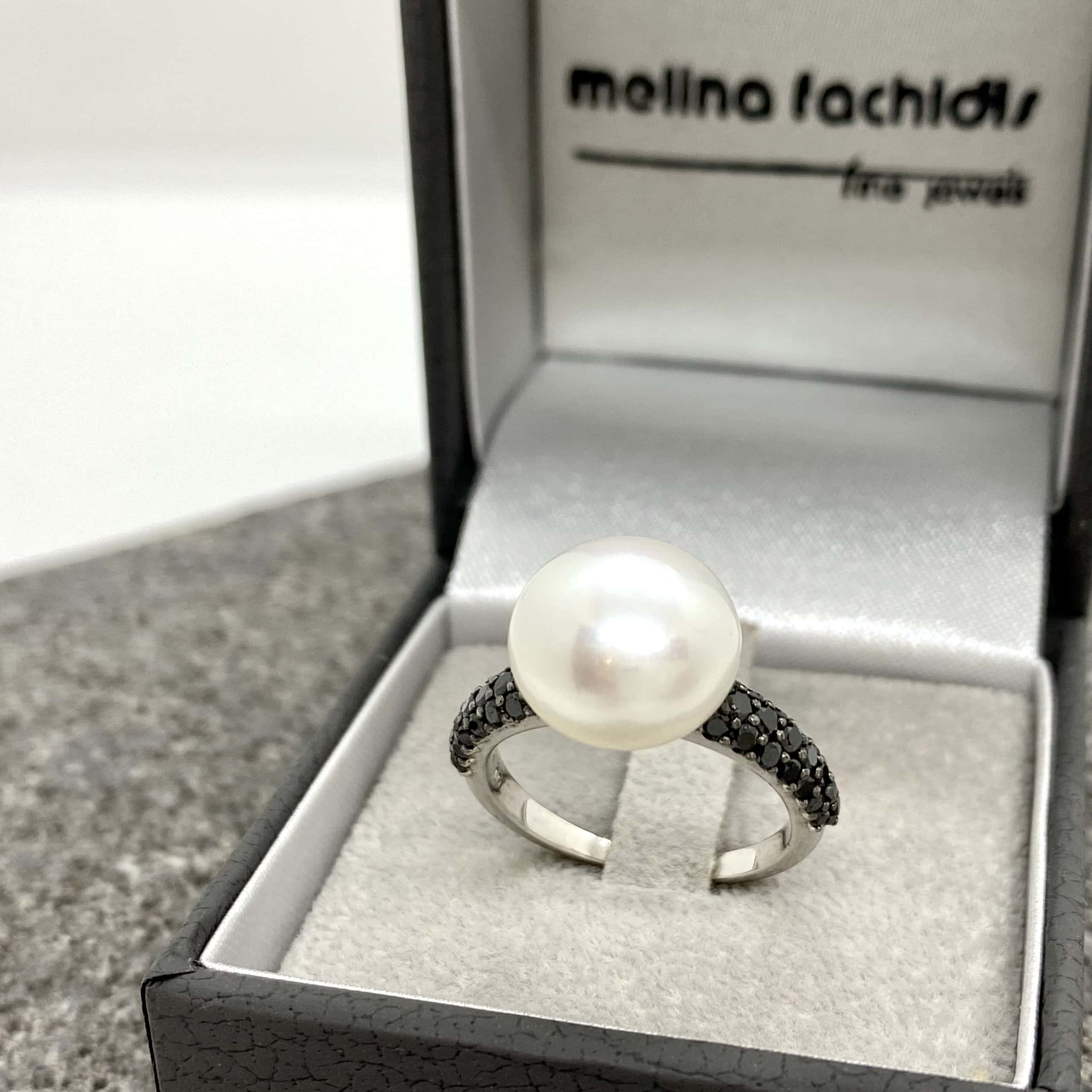 Pearl solitaire ring with black diamonds — Melina Fachidis (6)