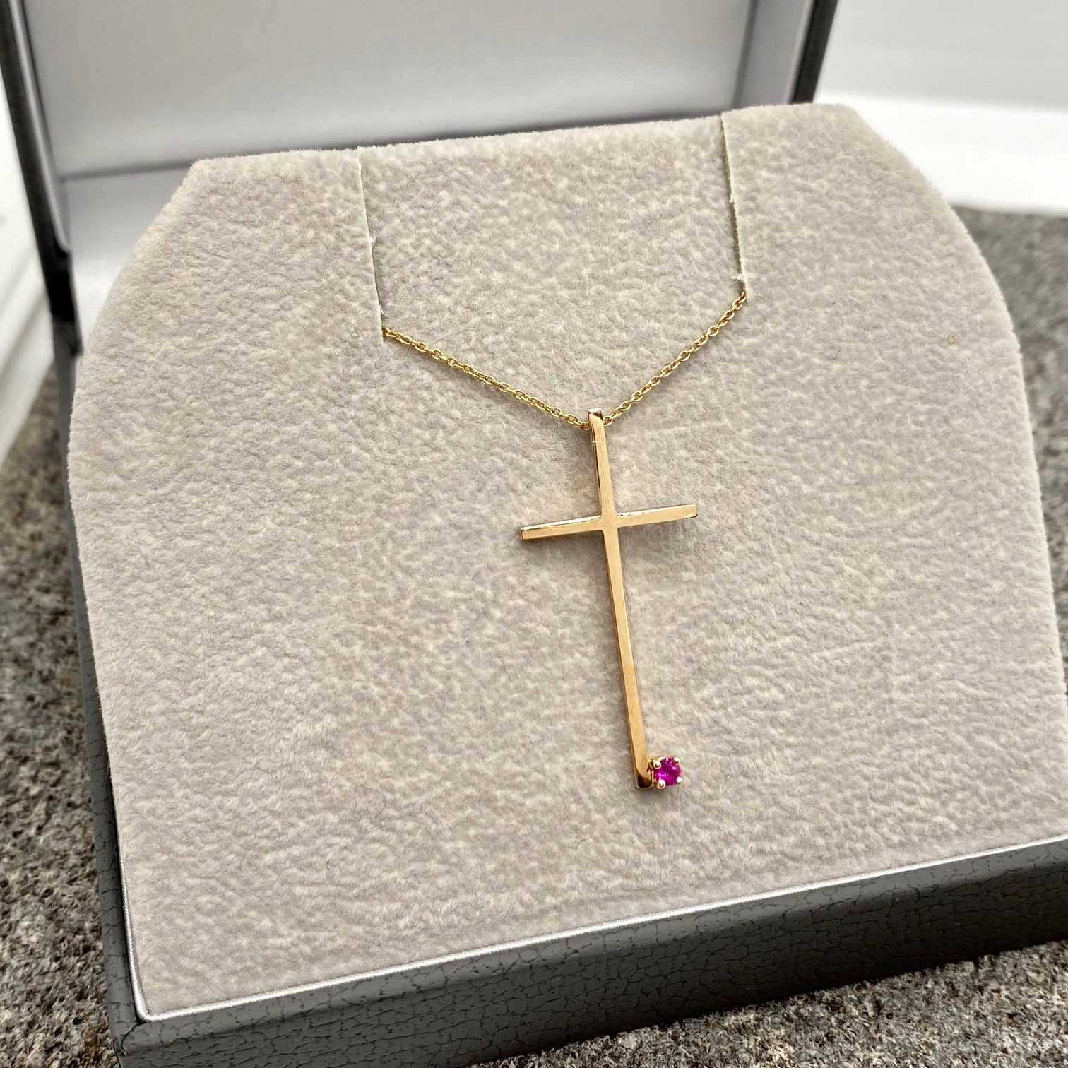 Minimal cross pendant with one ruby — Melina Fachidis (3)