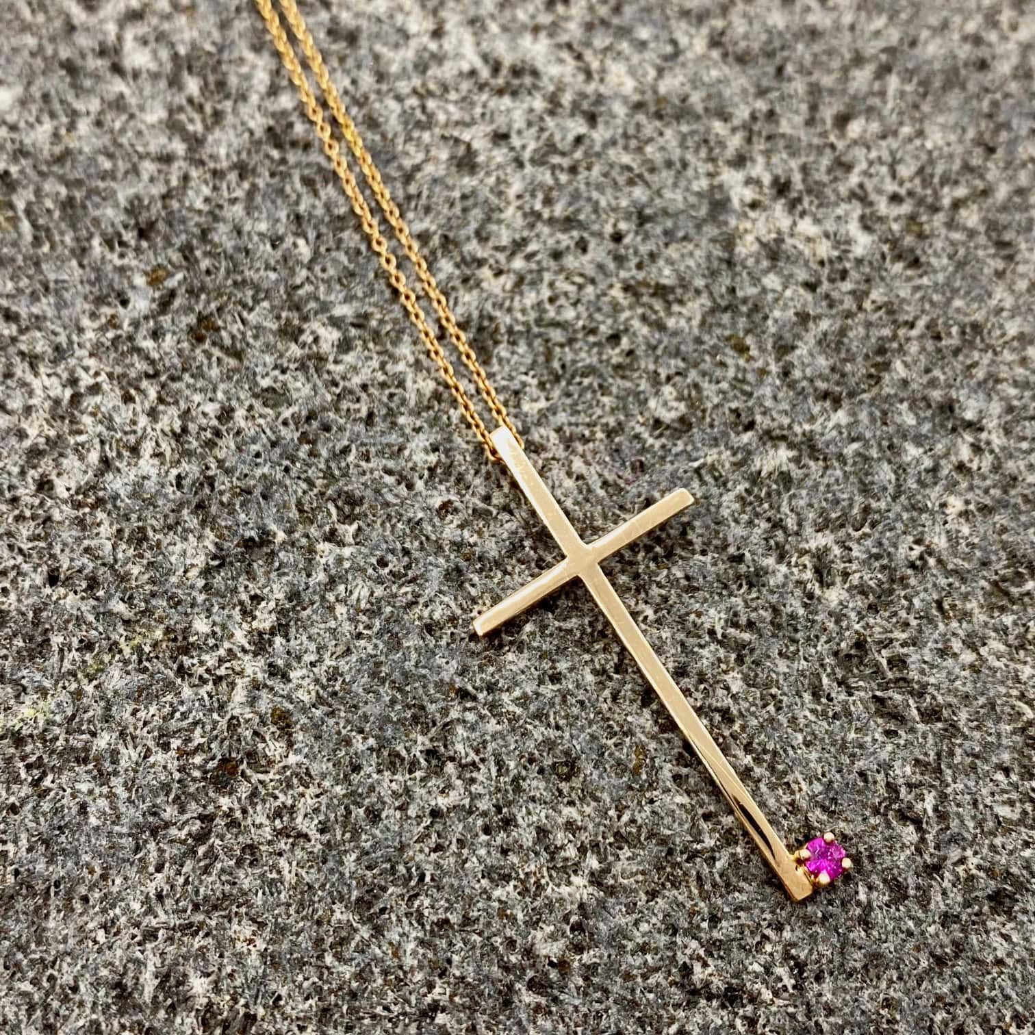 Minimal cross pendant with one ruby — Melina Fachidis (4)