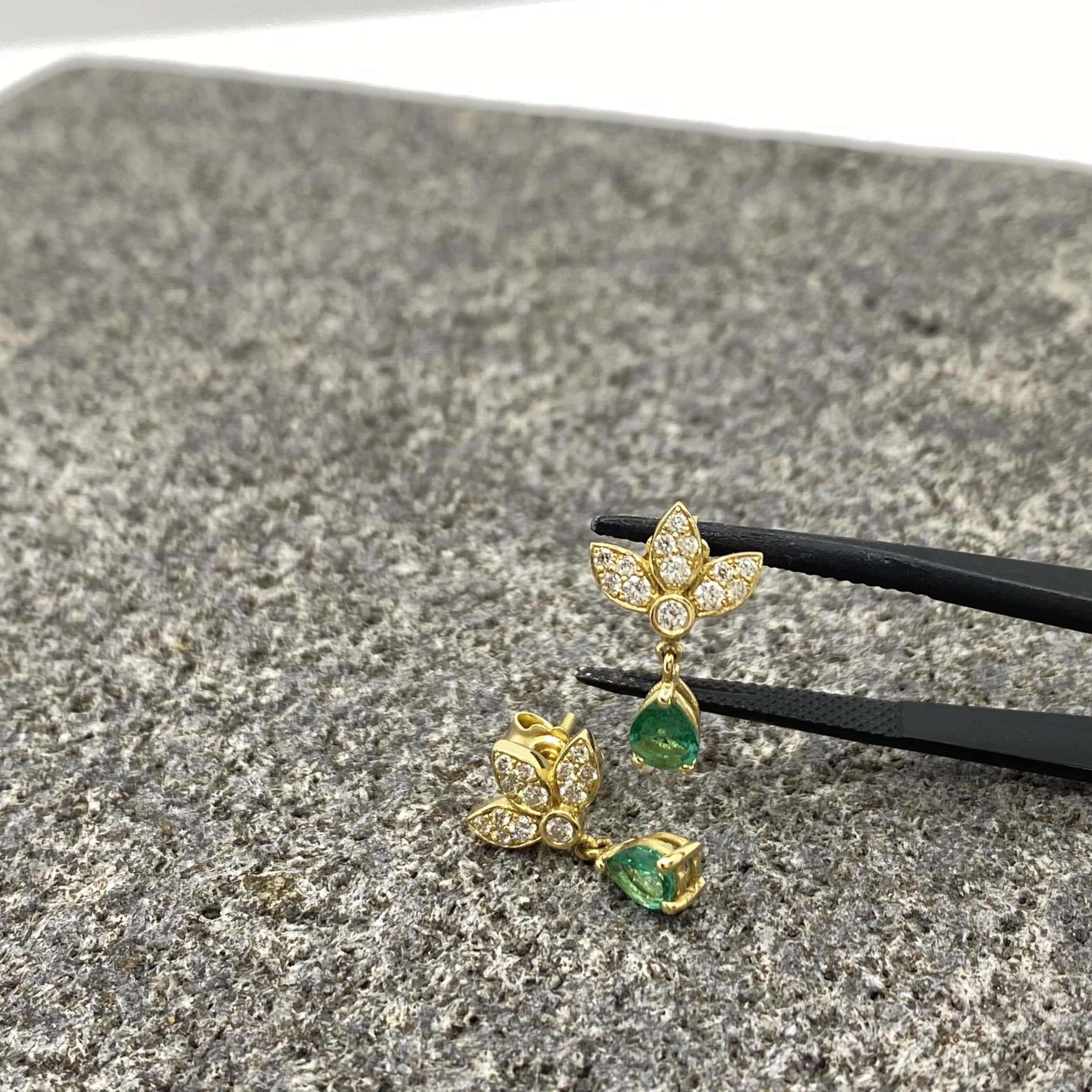Natural emerald drops white diamonds earrings — Melina Fachidis (2)