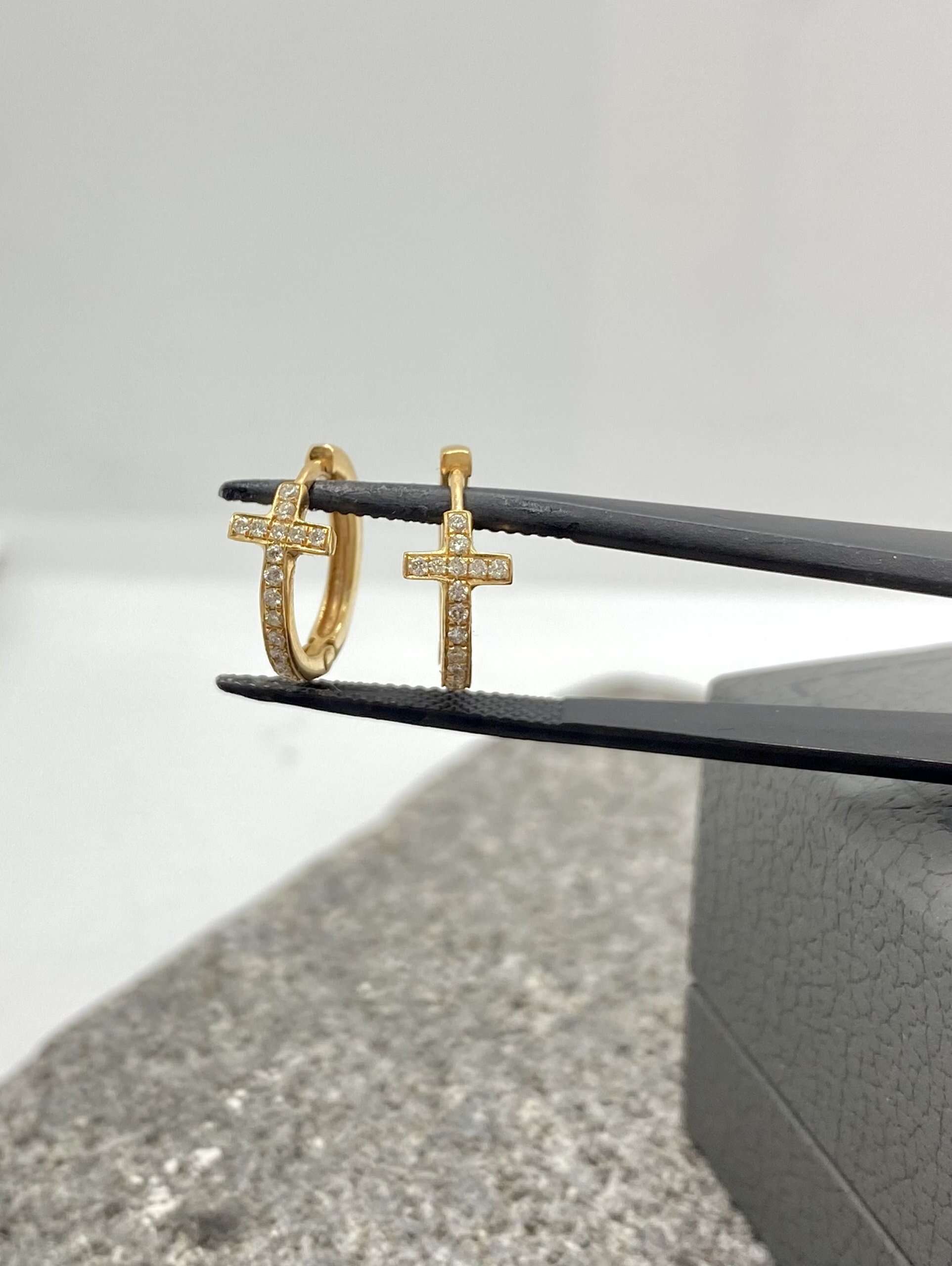 18k rose gold diamond hoop earrings with cross — Melina Fachidis (2)