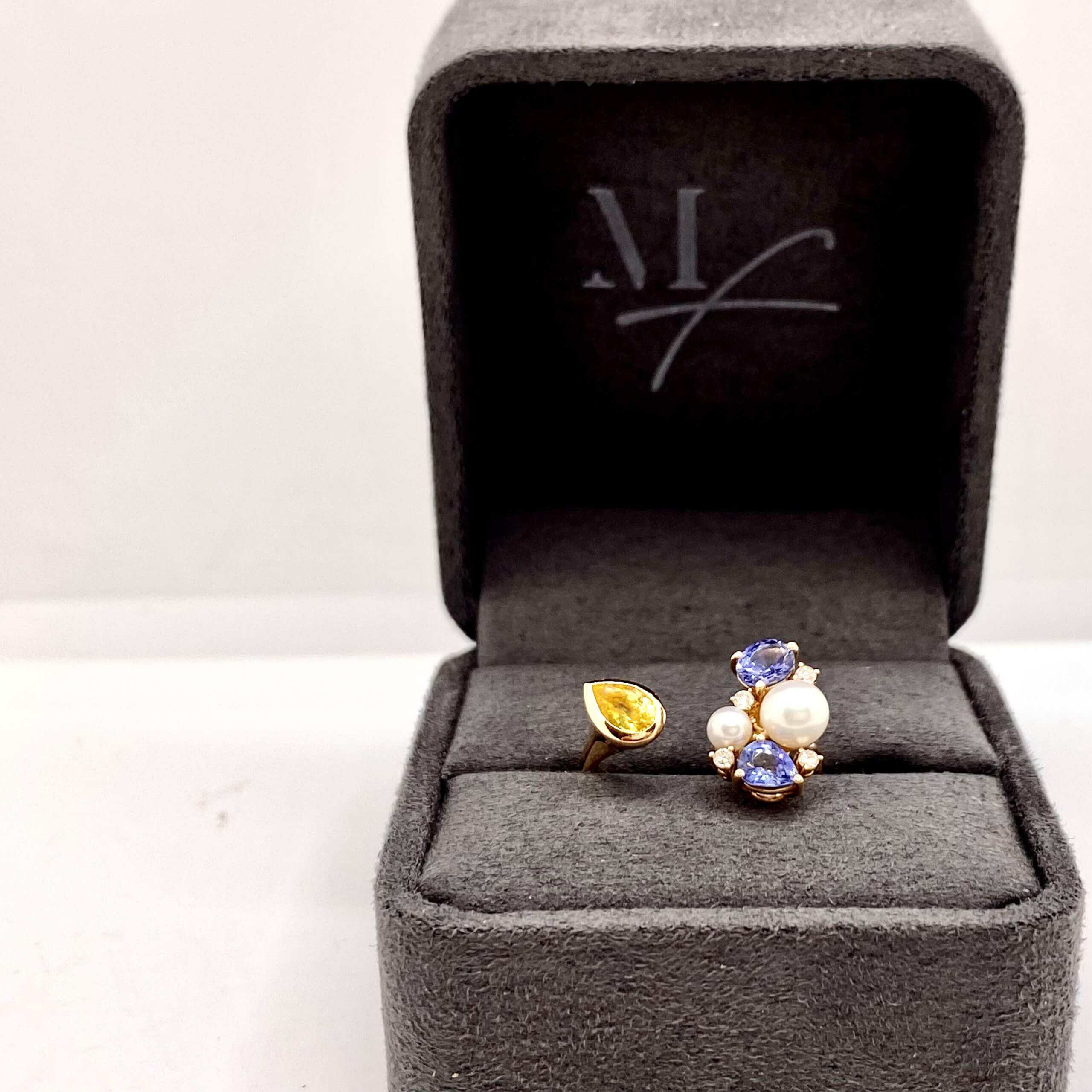 Blue yellow sapphire cluster ring with diamonds pearls — Melina Fachidis (3)