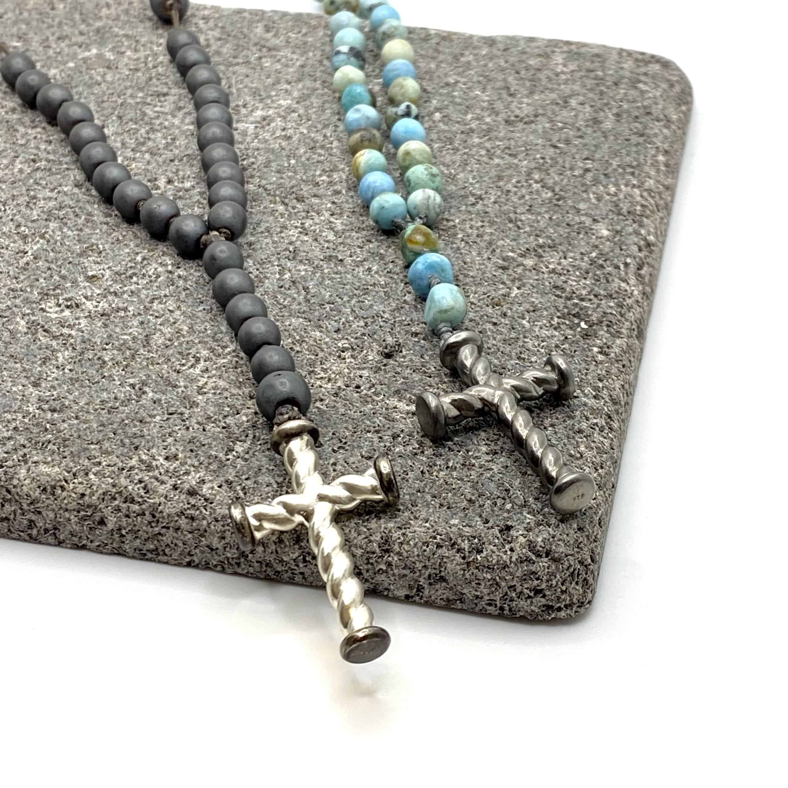 Mens twisted silver cross with turquoise rosary — Melina Fachidis (3)