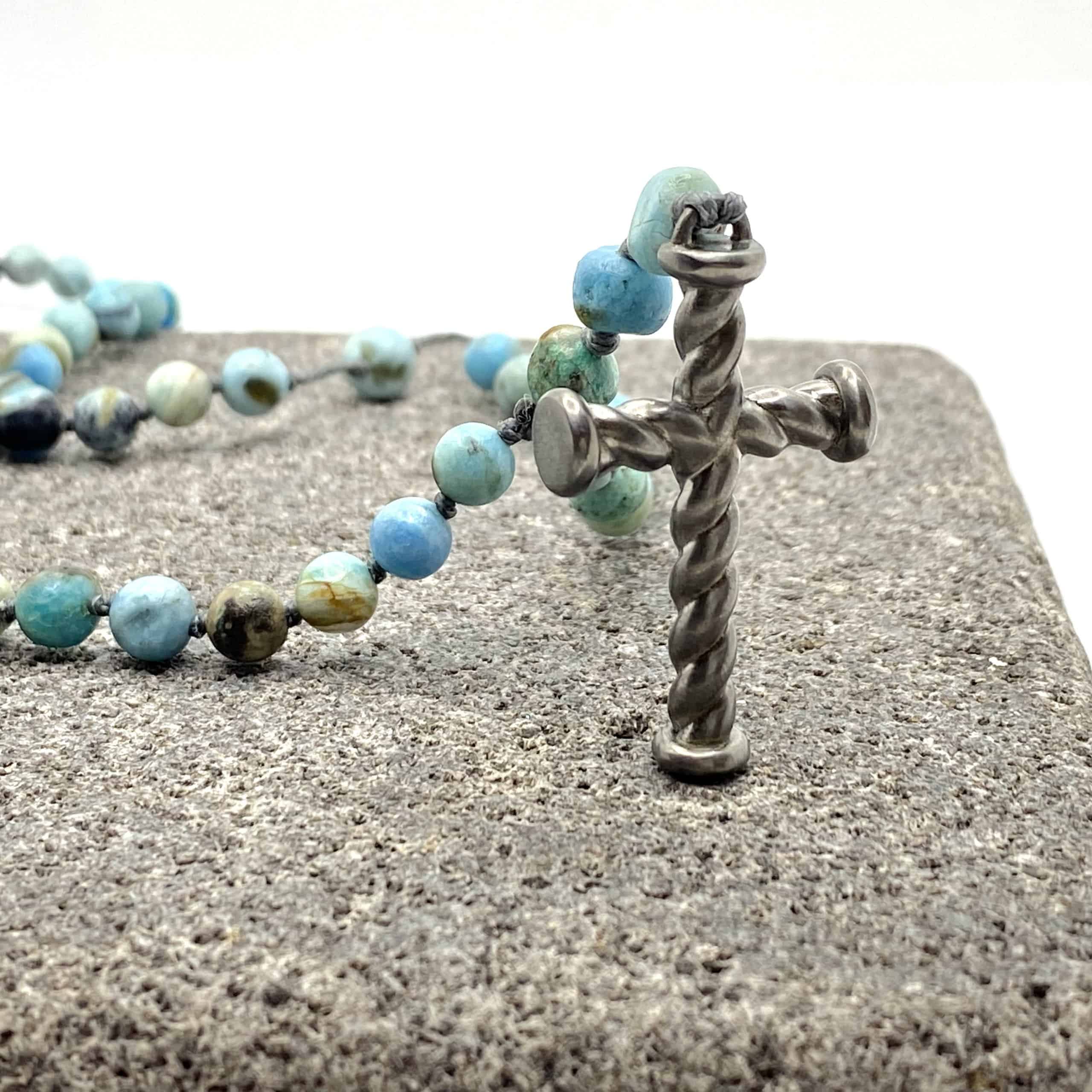 Mens twisted silver cross with turquoise rosary — Melina Fachidis (4)