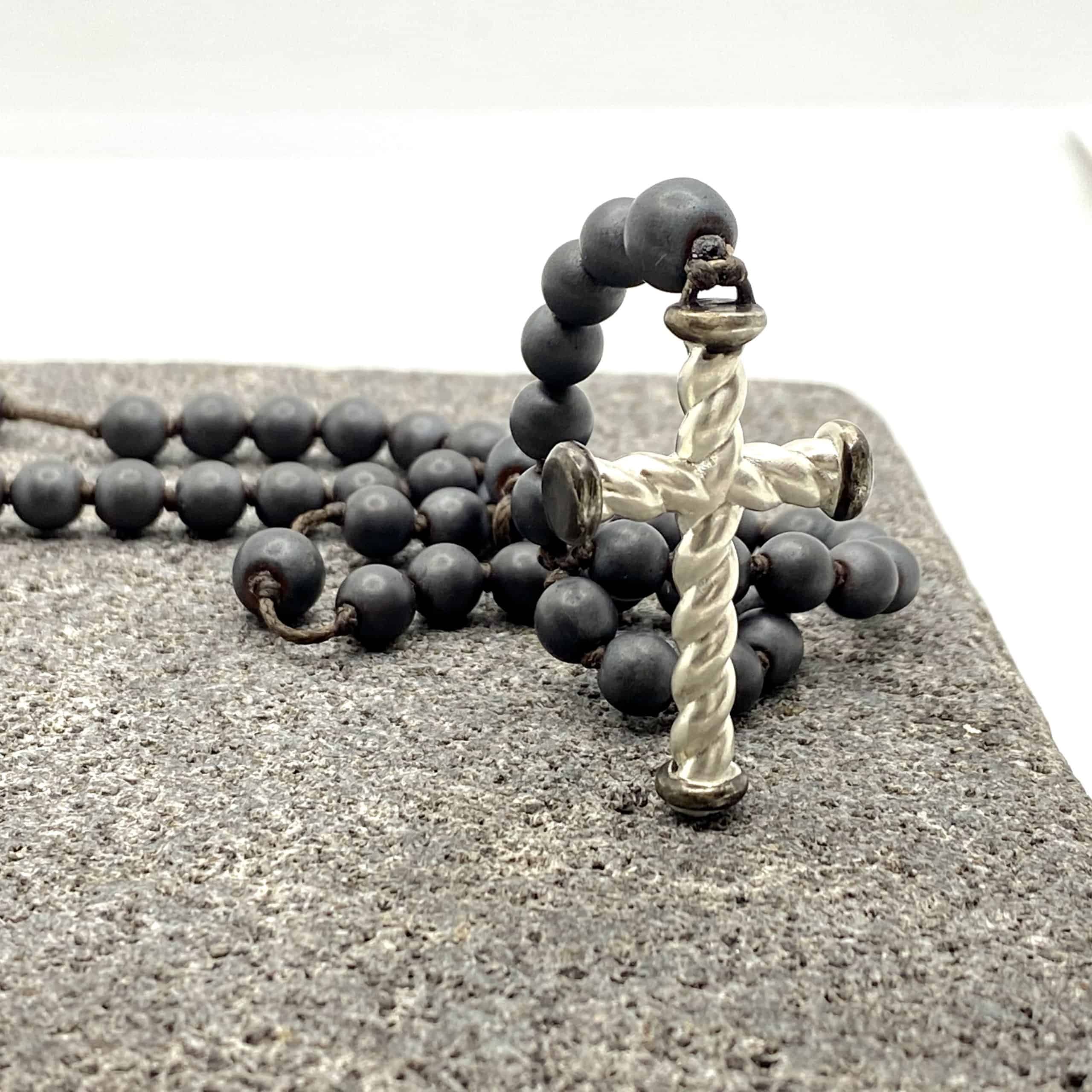 Mens twisted silver cross set on a hematite rosary — Melina Fachidis (3)