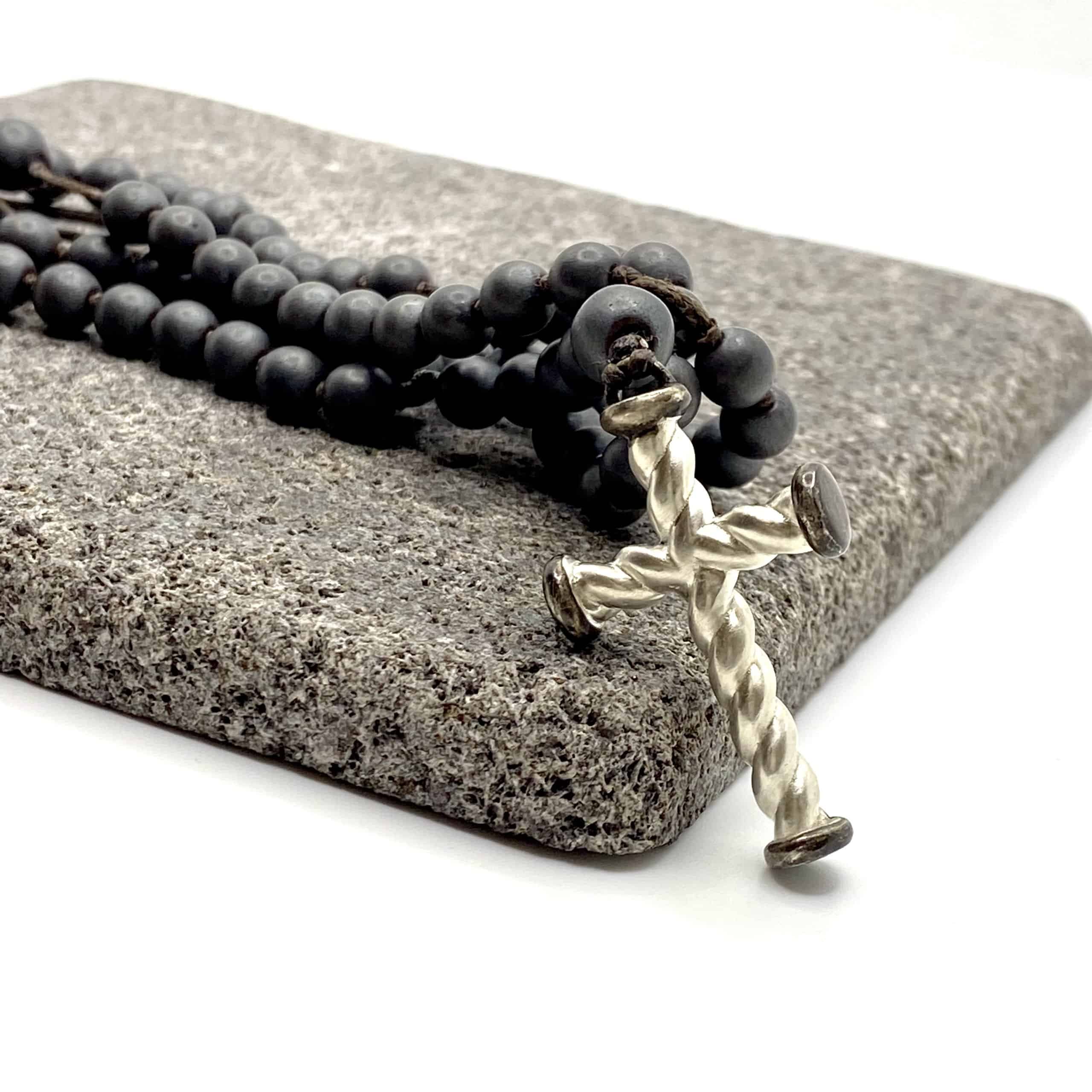Mens twisted silver cross set on a hematite rosary — Melina Fachidis (5)