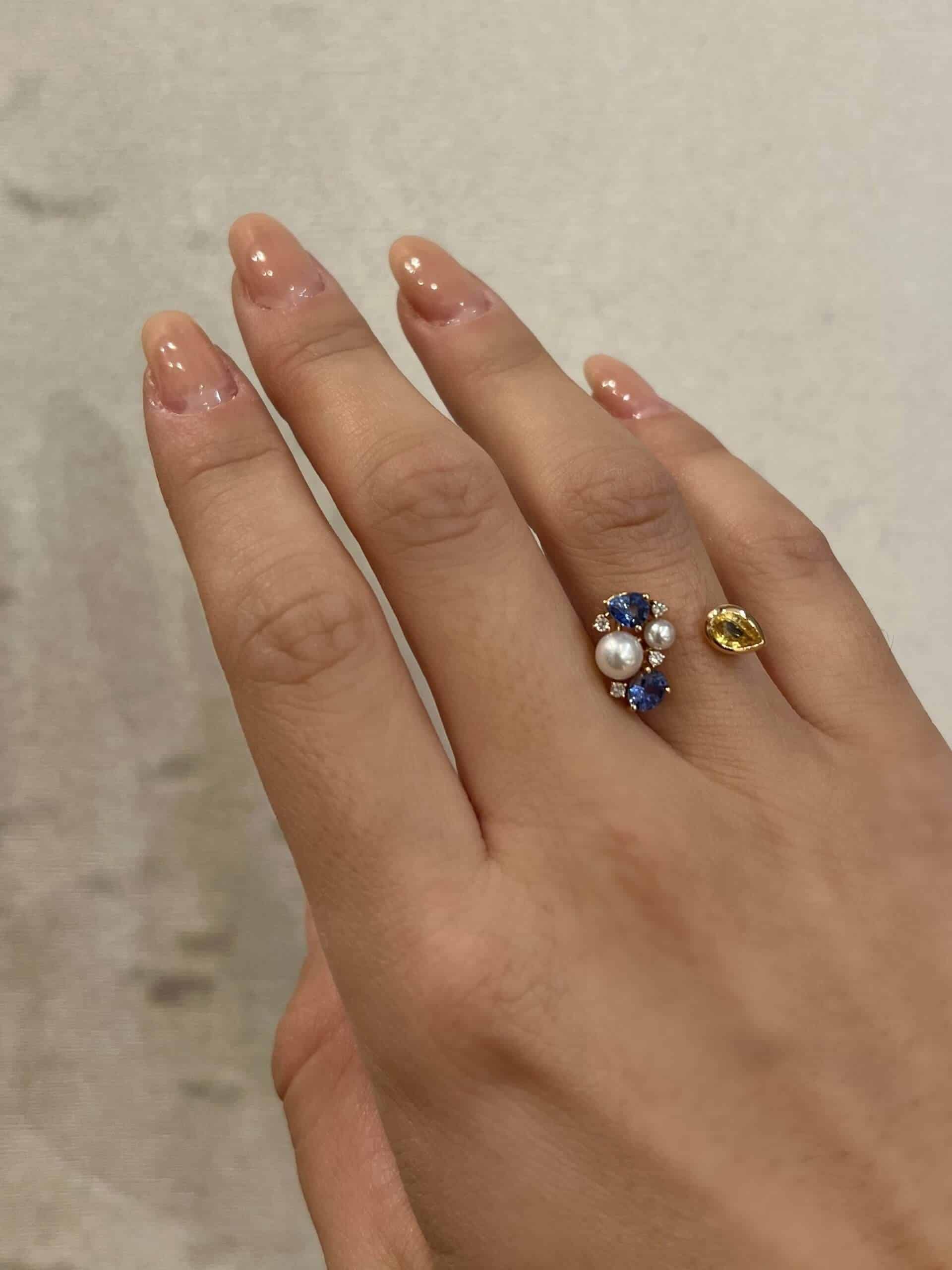 Blue yellow sapphire cluster ring with diamonds pearls — Melina Fachidis (7)