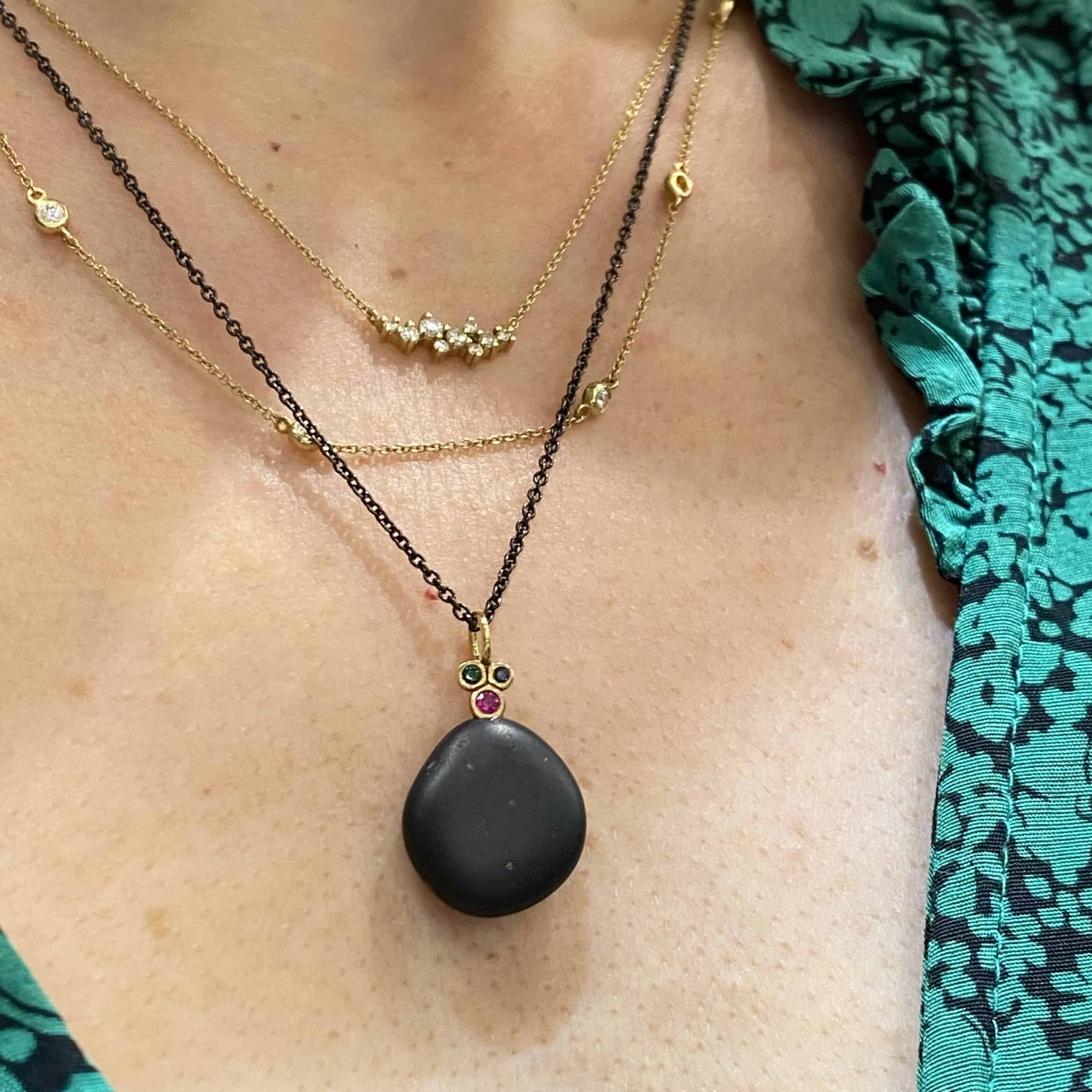 Black sea pebble necklace with ruby, sapphire tzavorite — Melina Fachidis (6)