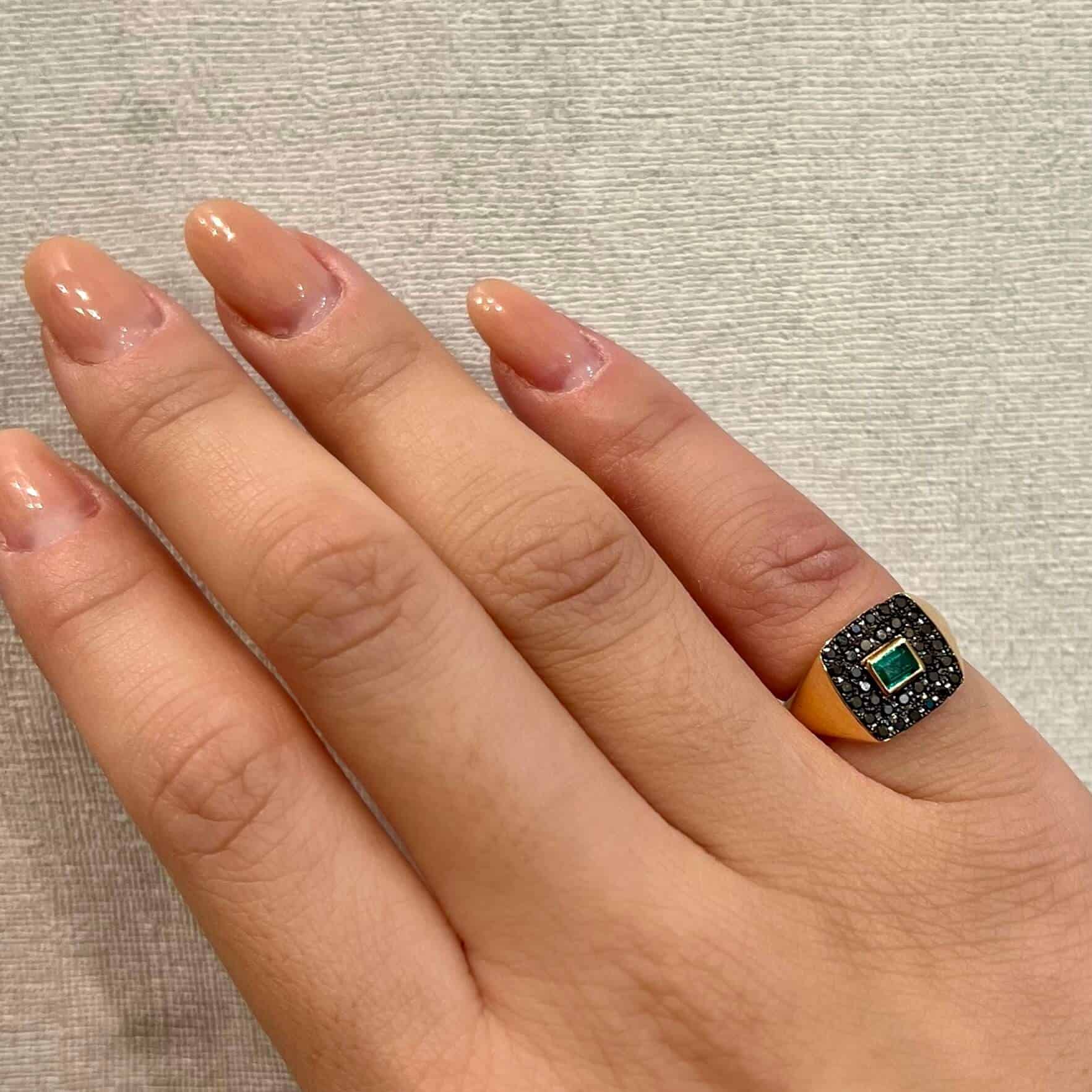 Square chevalier black diamond and emerald ring — Melina Fachidis (7)