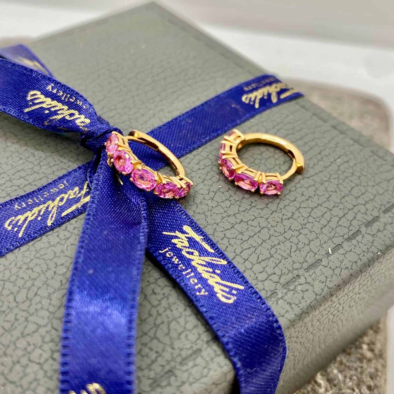 Baby pink sapphires rose gold hoops — Melina Fachidis (9)