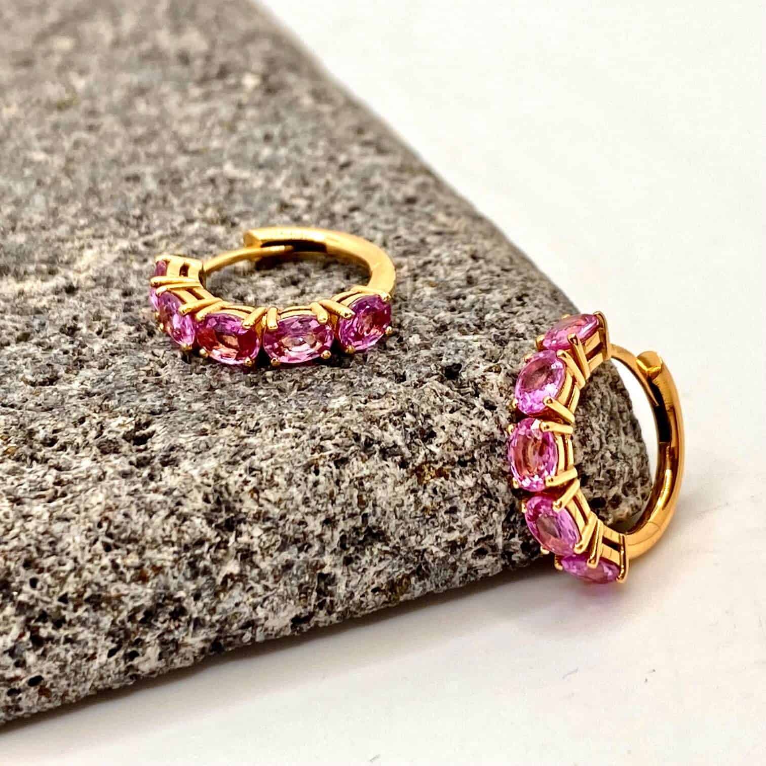 Baby pink sapphires rose gold hoops — Melina Fachidis (7)