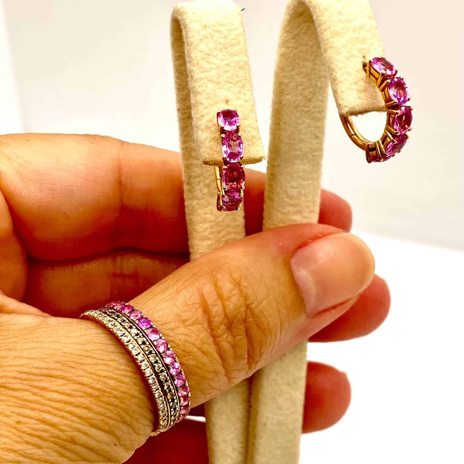 Baby pink sapphires rose gold hoops — Melina Fachidis (5)