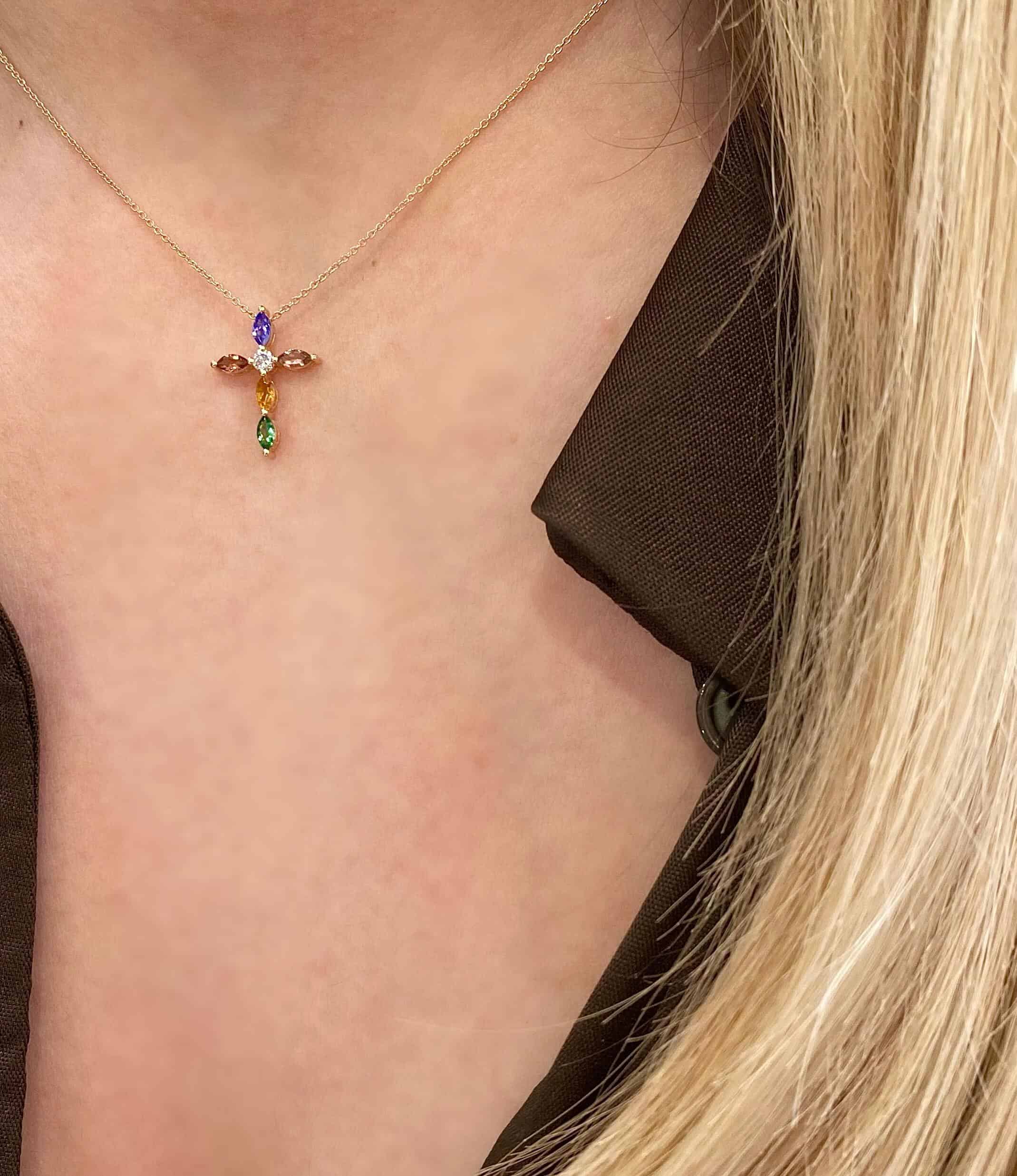 Multi color 18k rose gold cross necklace — Melina Fachidis (5)