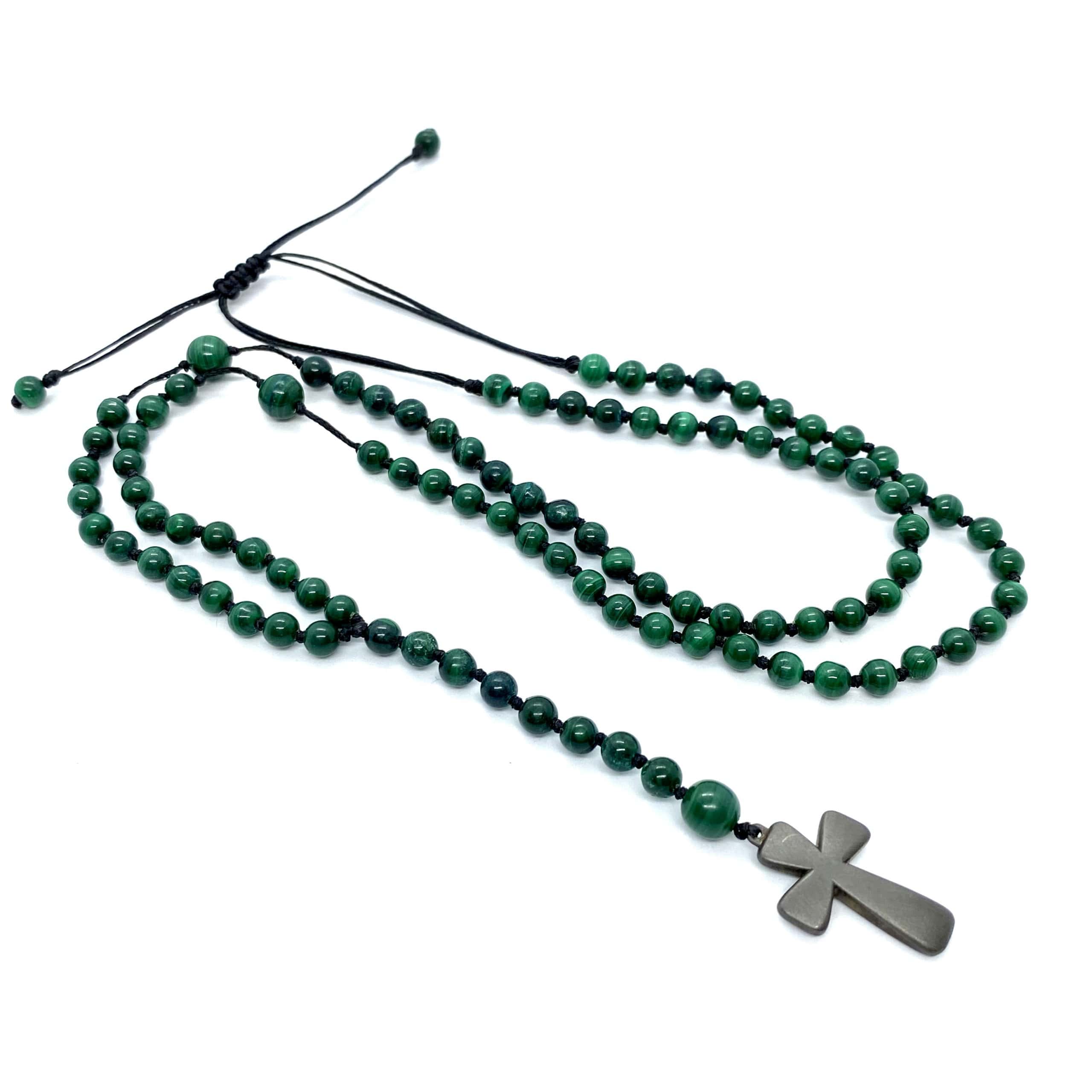 Rosary with silver hanging cross & malachite stones. — Melina Fachidis